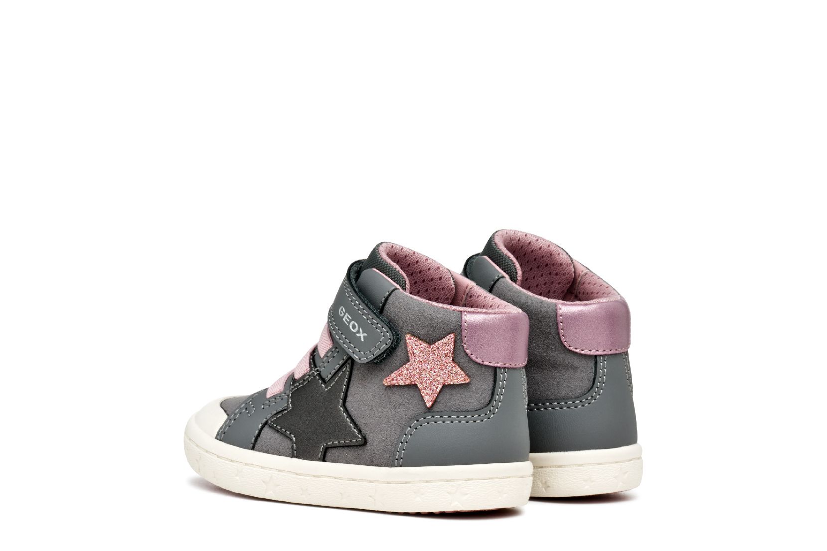 A girls boot by Geox, style Gisli, in grey/pink suede with grey and pink star details on the side, velcro strap and pink laces. Angled view of a pair.