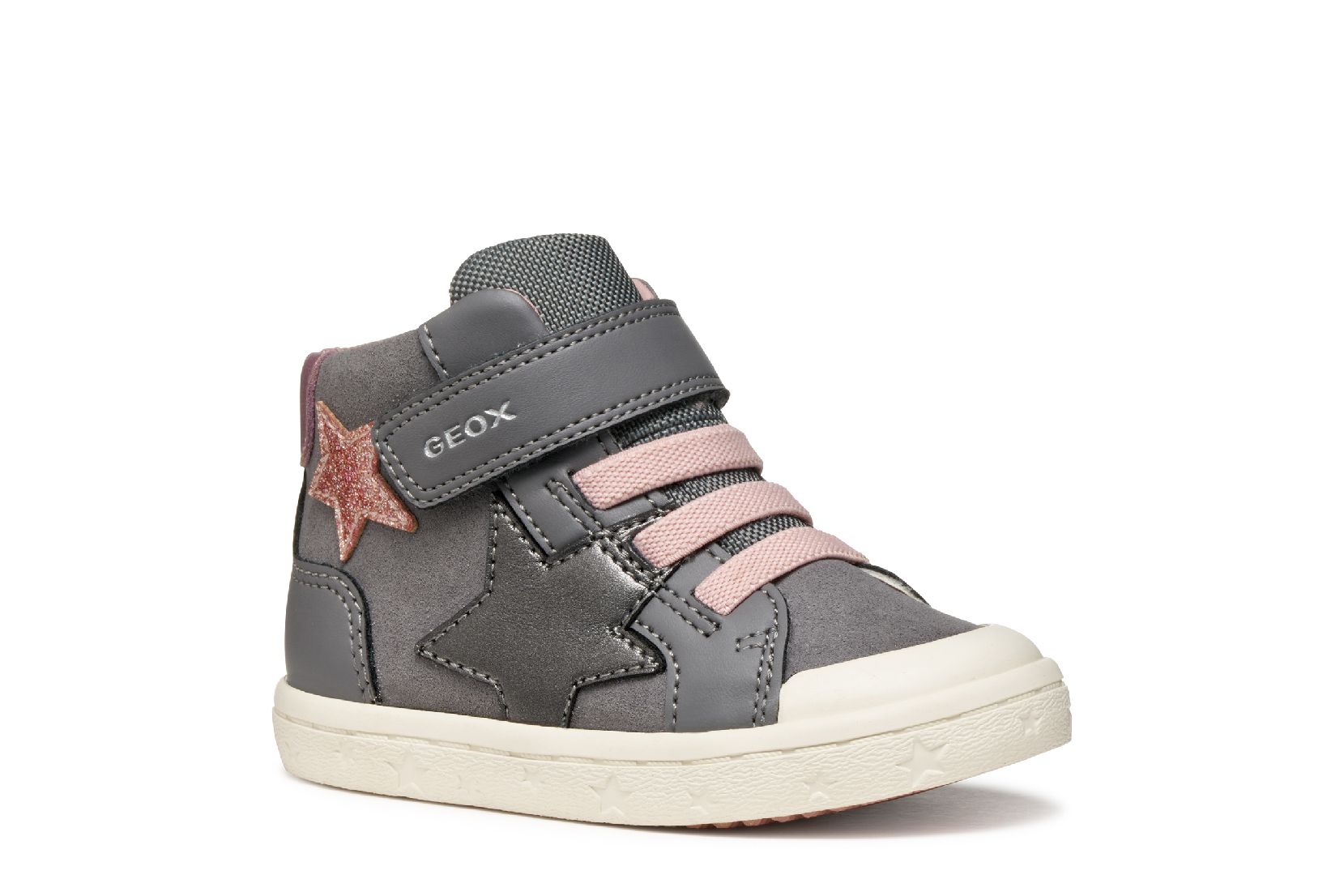 A girls boot by Geox, style Gisli, in grey/pink suede with grey and pink star details on the side, velcro strap and pink laces. Right side view.