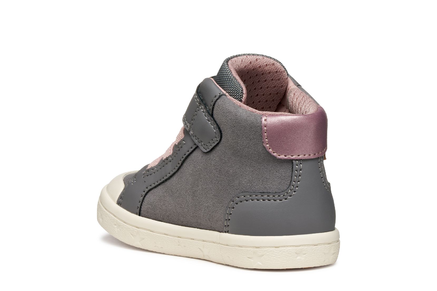 A girls boot by Geox, style Gisli, in grey/pink suede with grey and pink star details on the side, velcro strap and pink laces. Angled left side view.