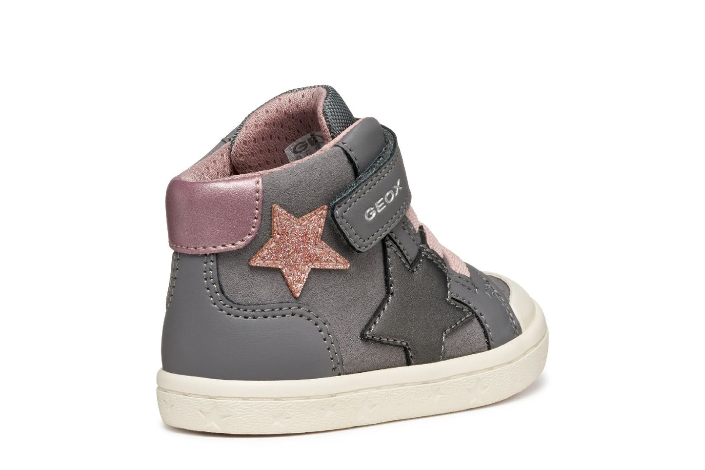 A girls boot by Geox, style Gisli, in grey/pink suede with grey and pink star details on the side, velcro strap and pink laces. Angled right side view.