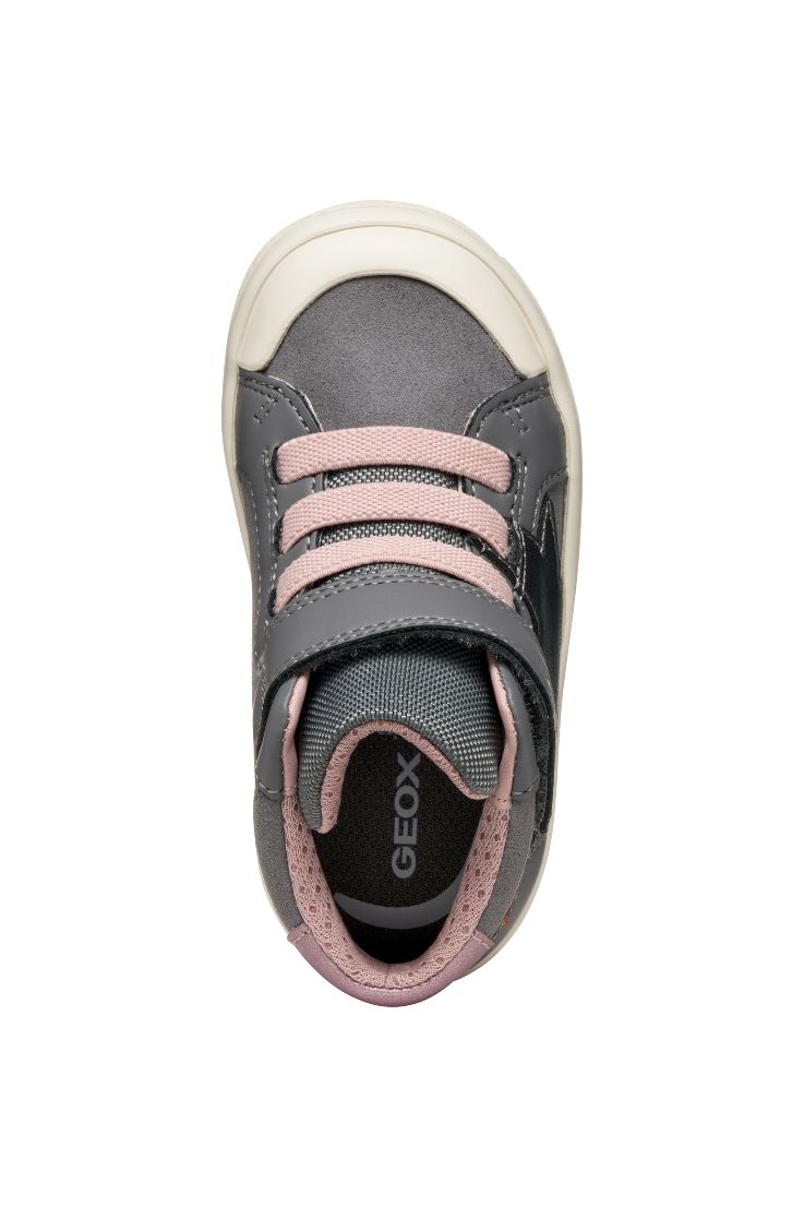 A girls boot by Geox, style Gisli, in grey/pink suede with grey and pink star details on the side, velcro strap and pink laces. Above view.