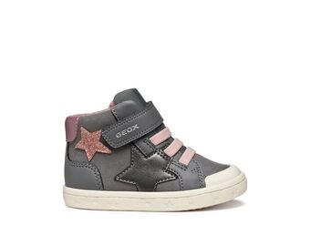 A girls boot by Geox, style Gisli, in grey/pink suede with grey and pink star details on the side, velcro strap and pink laces. Right side view
