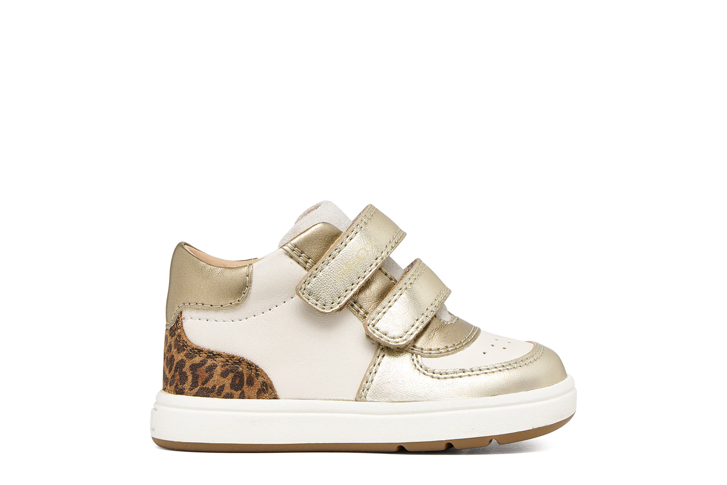 Geox girls trainer in the style Biglia in the colour ivory, with light gold details including a double Velcro strap, leopard print detailing on the heel and an ivory and gum sole. Right side view. 