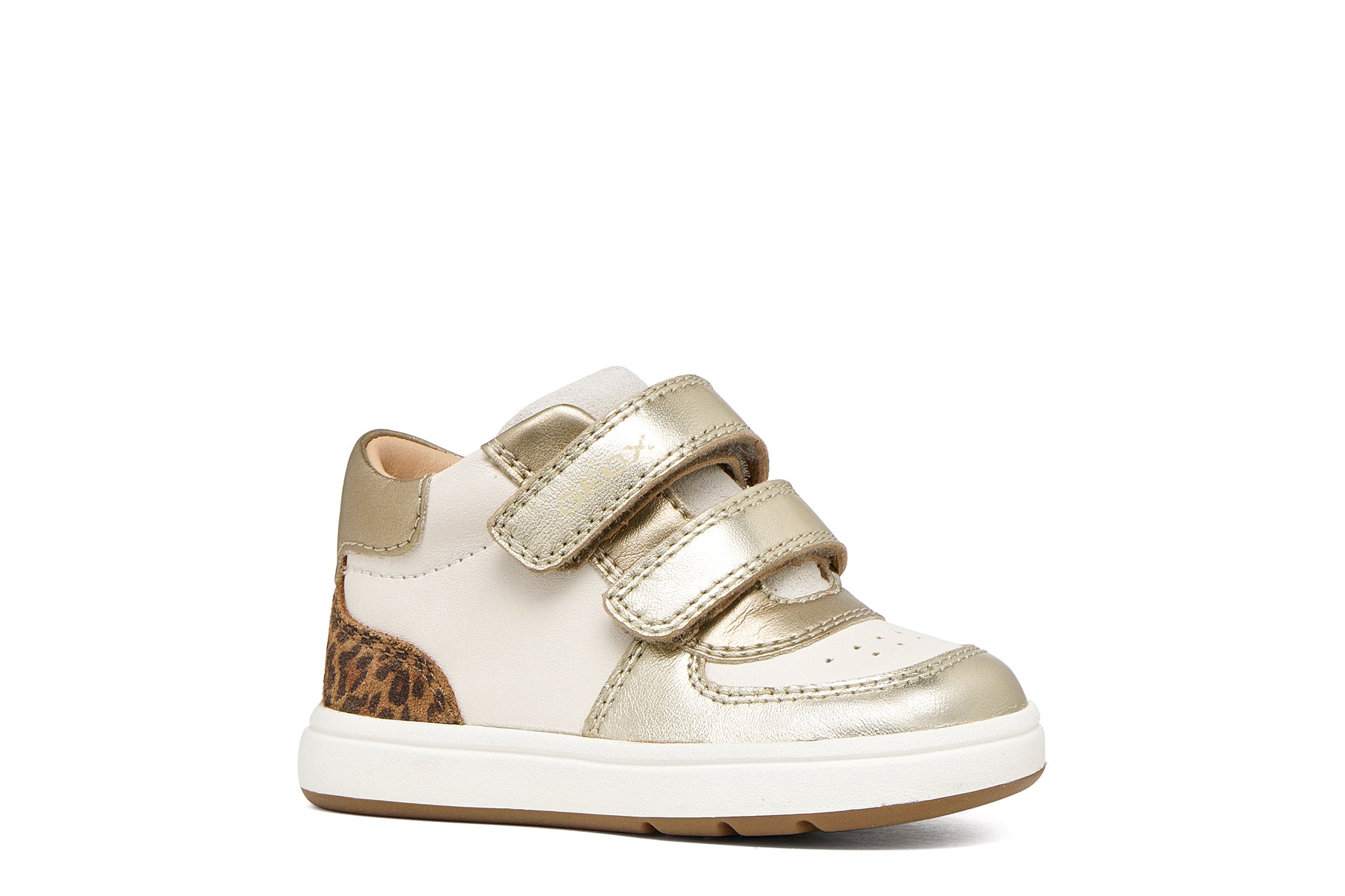 Geox girls trainer in the style Biglia in the colour ivory, with light gold details including a double Velcro strap, leopard print detailing on the heel and an ivory and gum sole. Right side view. 