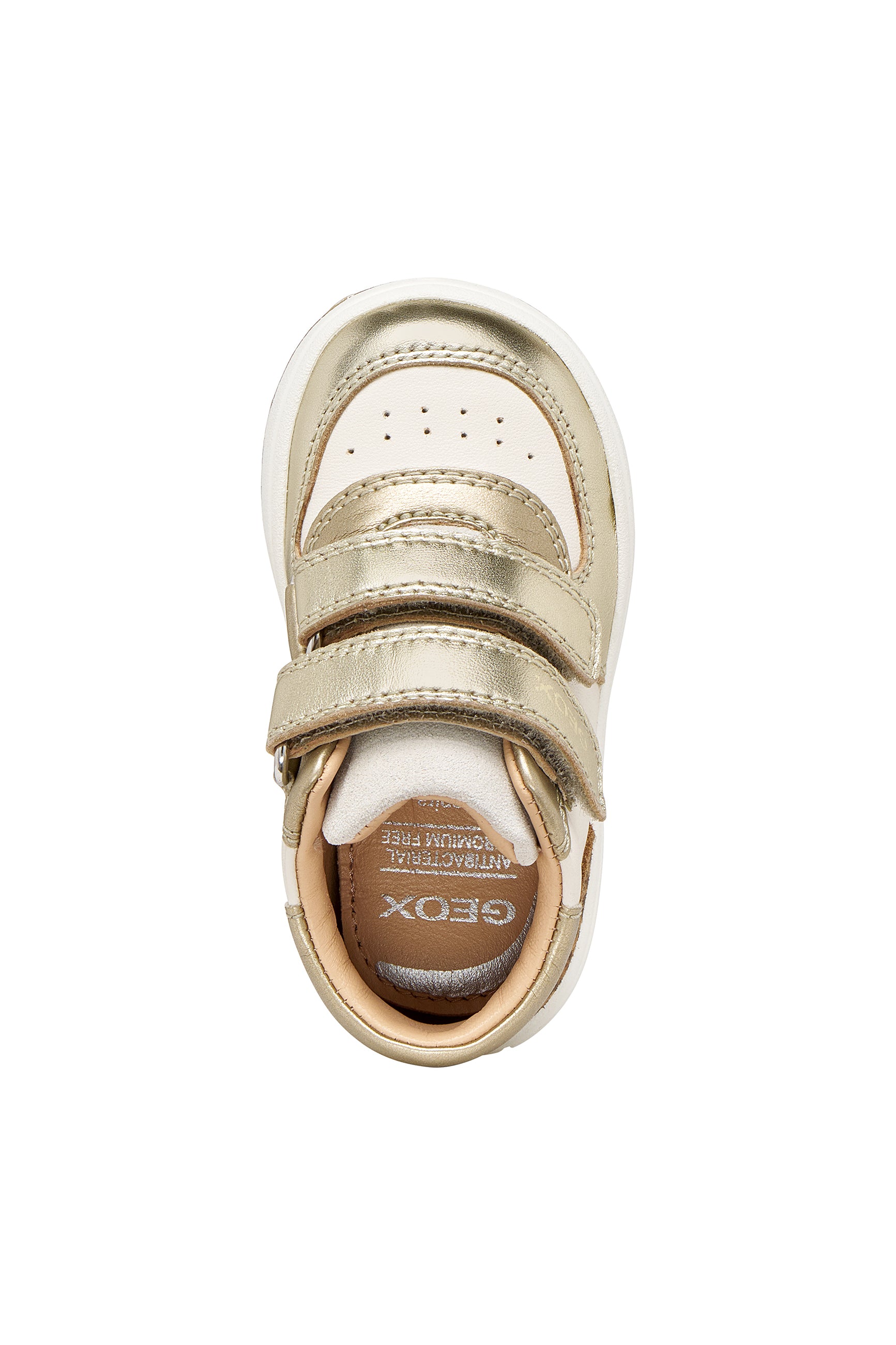 Geox girls trainer in the style Biglia in the colour ivory, with light gold details including a double Velcro strap, leopard print detailing on the heel and an ivory and gum sole. Top view.