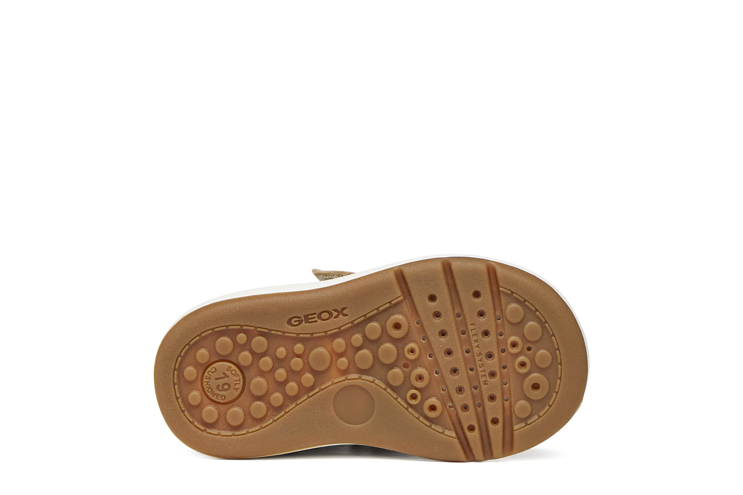Geox girls trainer in the style Biglia in the colour ivory, with light gold details including a double Velcro strap, leopard print detailing on the heel and an ivory and gum sole. View of sole.