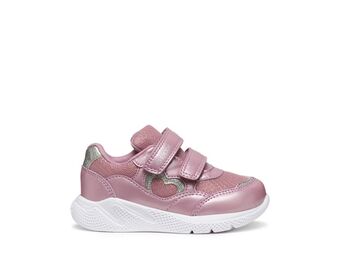 A girls casual trainer by Geox, style B Sprintye Girl, in rose pink with silver accents and double velcro fastening. Right side view.