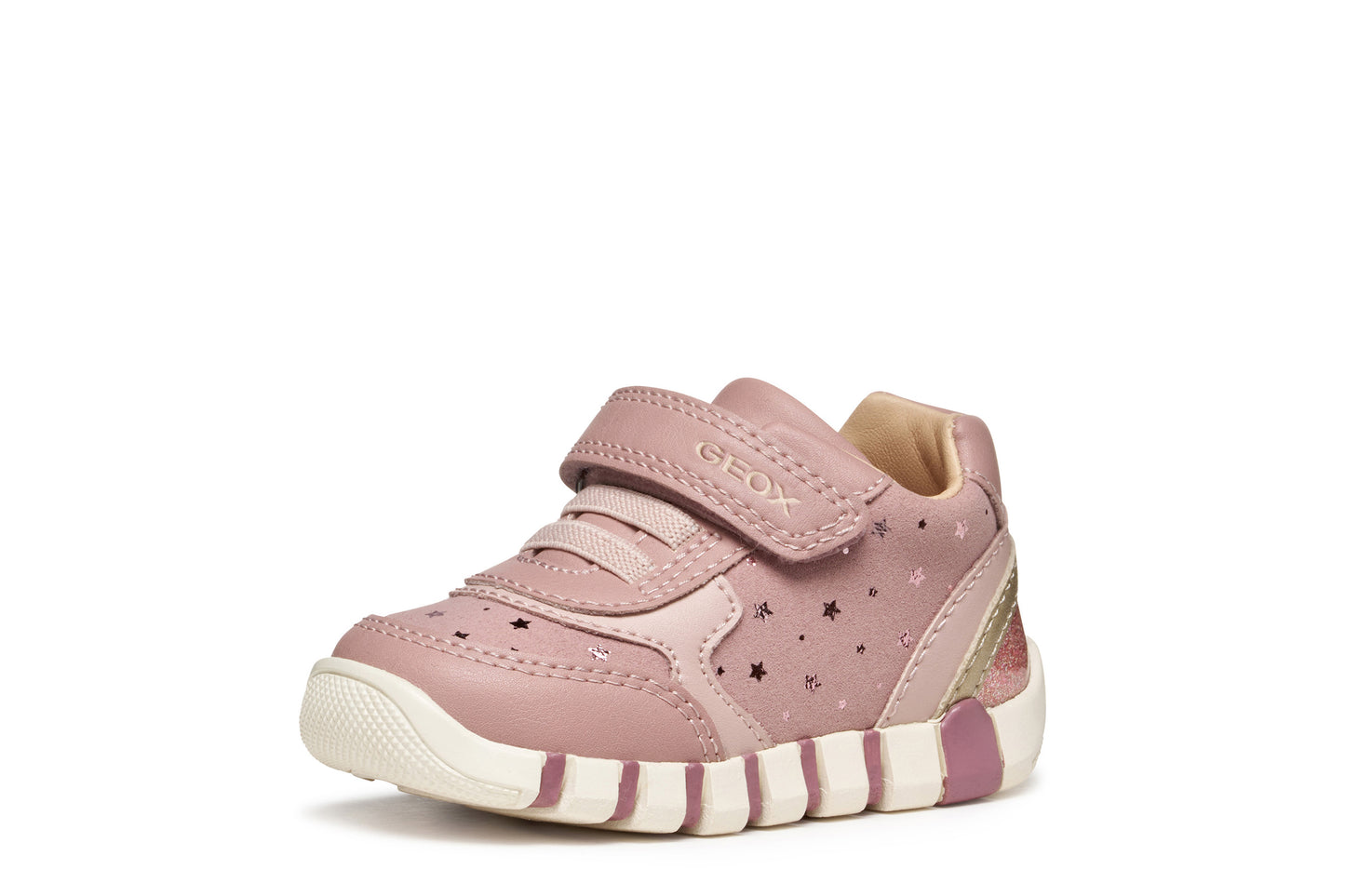 Pink Geox trainer with Velcro strap, star details and a pink and white sole. Outer left side view.