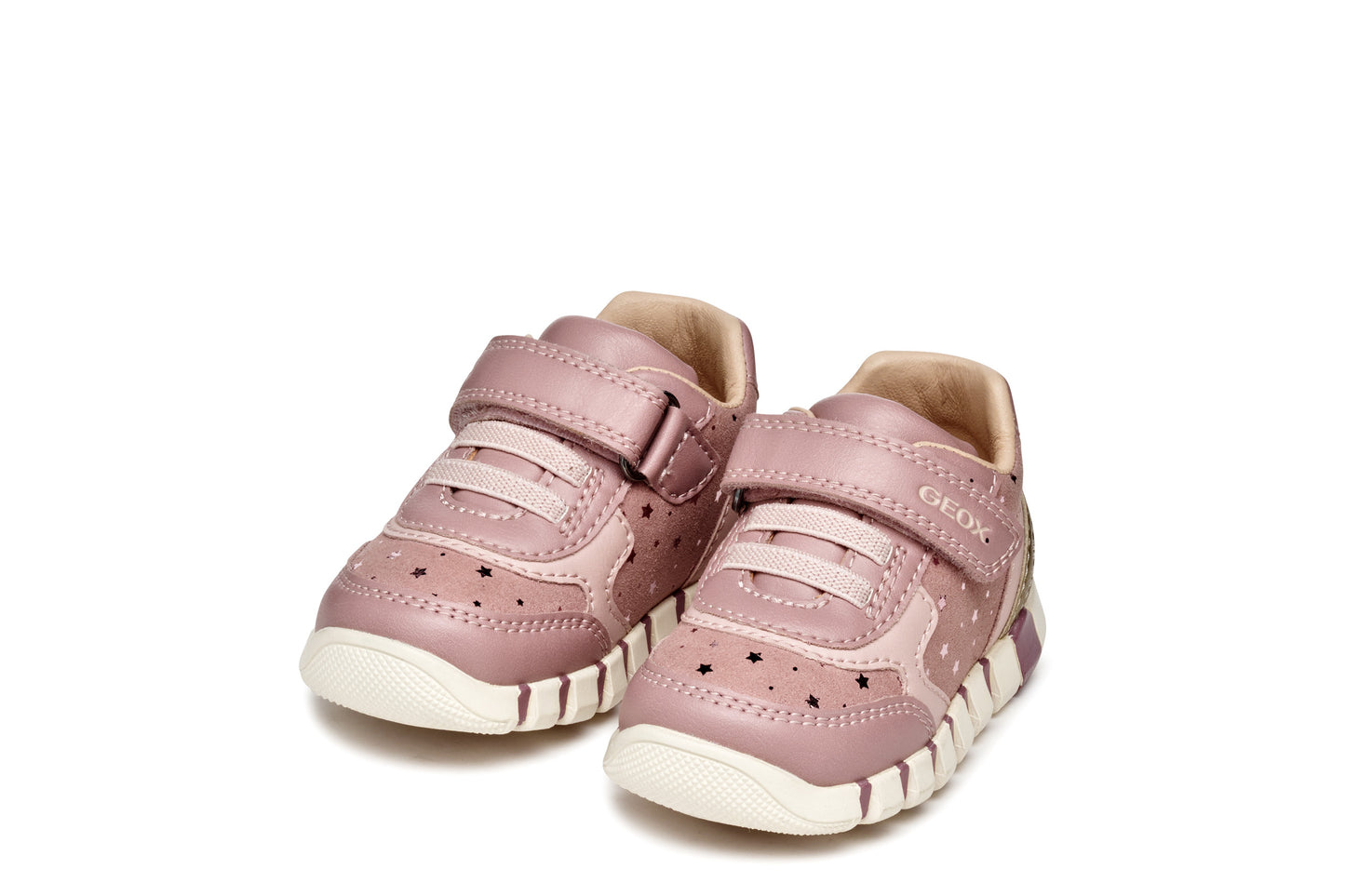 Pink Geox trainer with Velcro strap, star details and a pink and white sole. Front view.