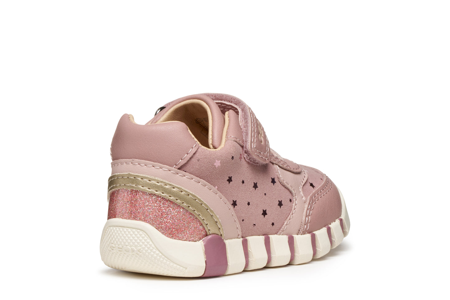 Pink Geox trainer with Velcro strap, star details and a pink and white sole. Angled back view.