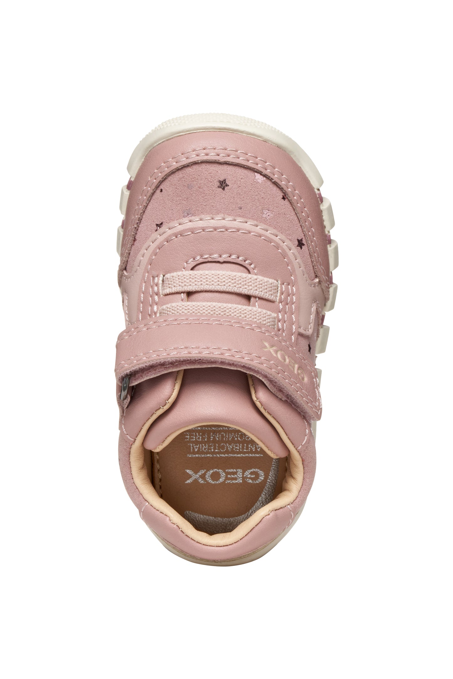 Pink Geox trainer with Velcro strap, star details and a pink and white sole. Top view.
