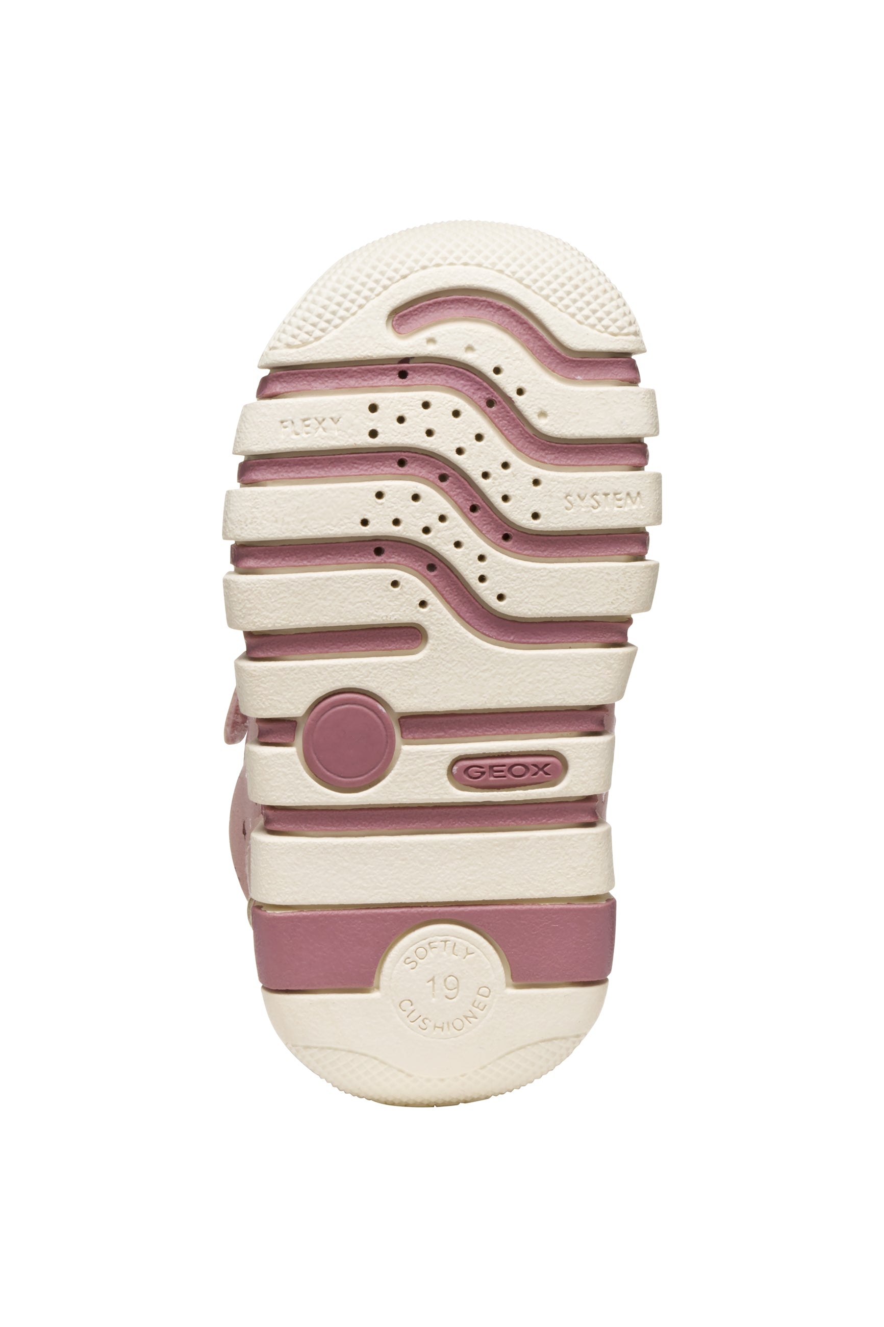 Pink Geox trainer with Velcro strap, star details and a pink and white sole. Sole view.