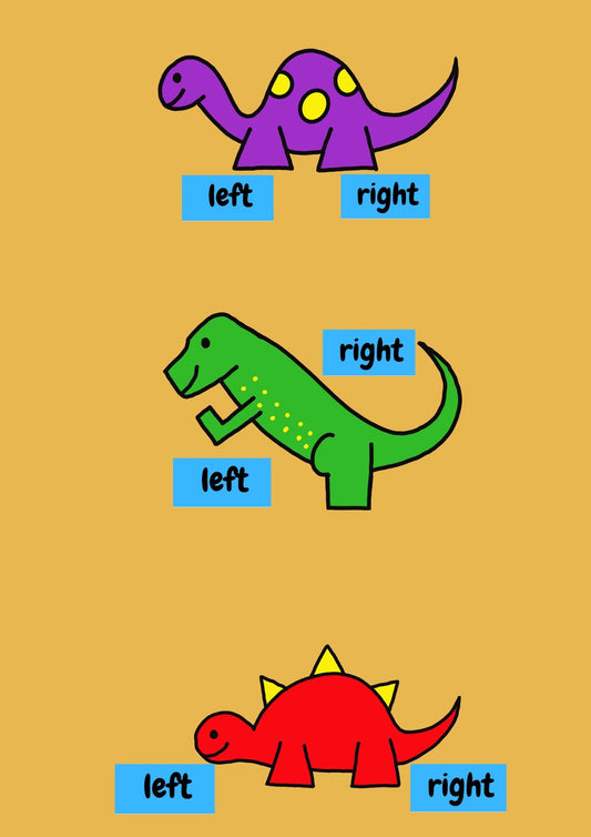 A pack of three education shoe stickers by Animal Pairs in purple, green, and red Dinosaur Designs that are labelled left and right. Front view.