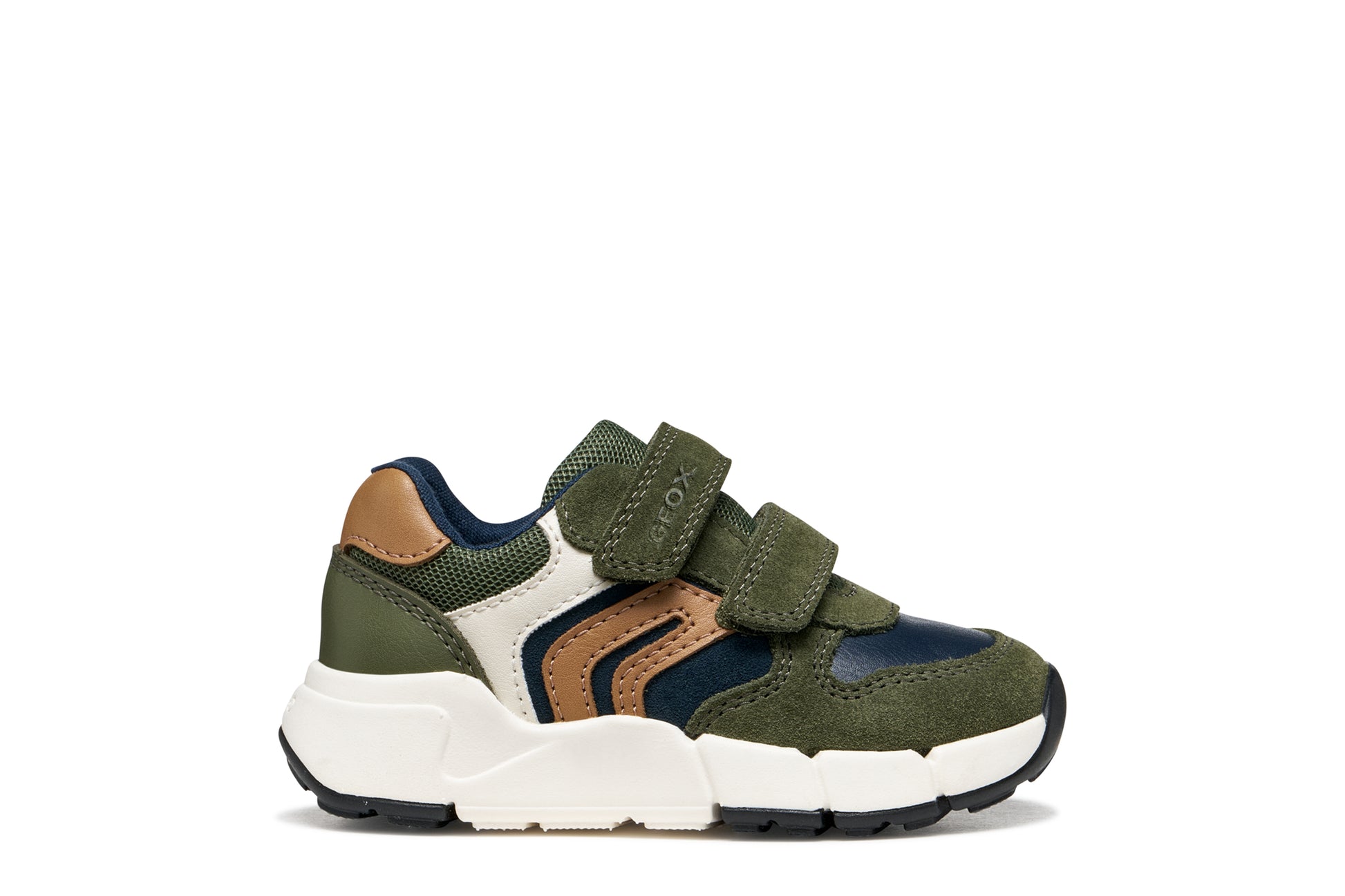 Green boys Geox trainer in the style Flexyper with blue and brown details with double Velcro strap and a white and blue sole. Outer right side view.