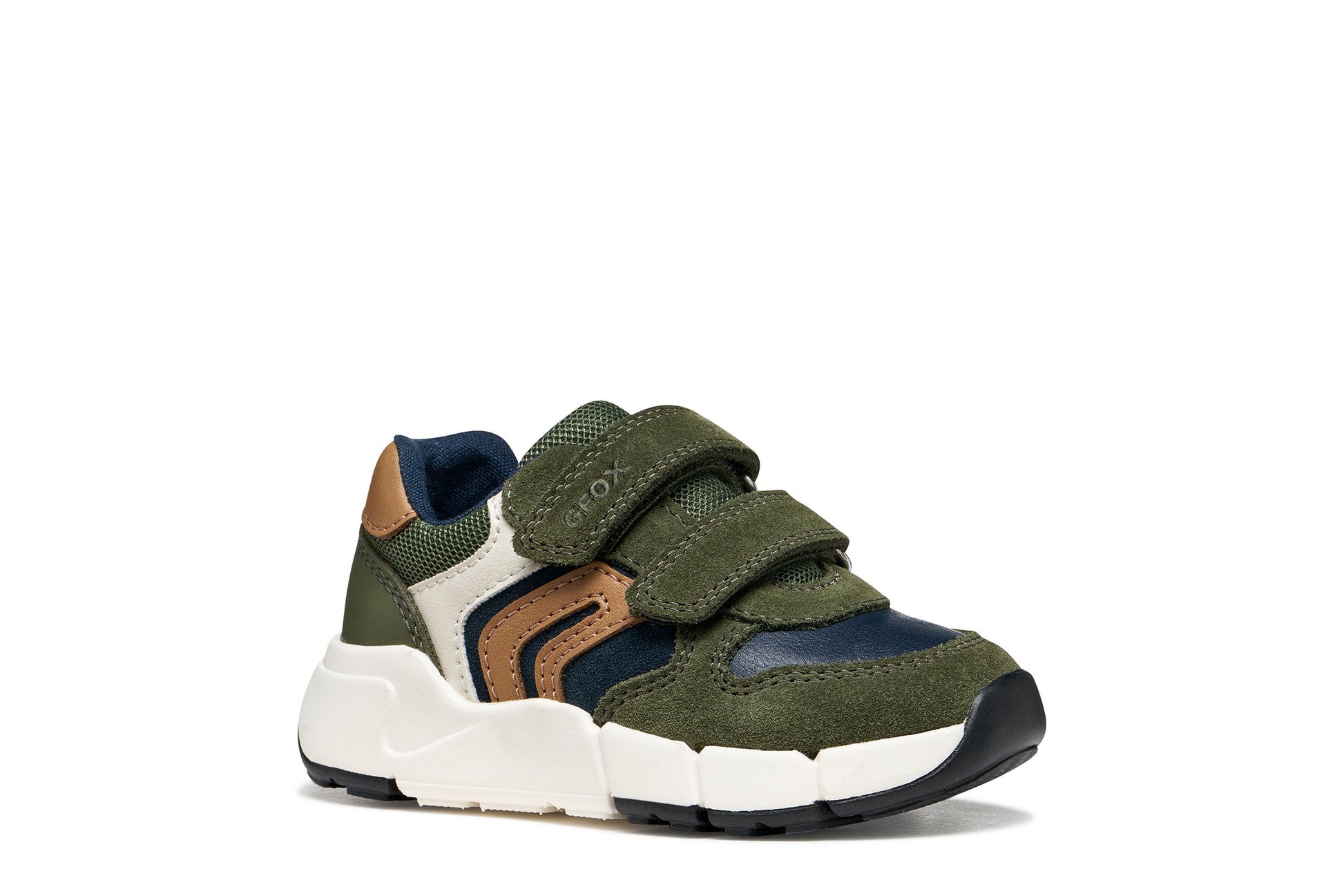 Green boys Geox trainer in the style Flexyper with blue and brown details with double Velcro strap and a white and blue sole. Outer right side view.