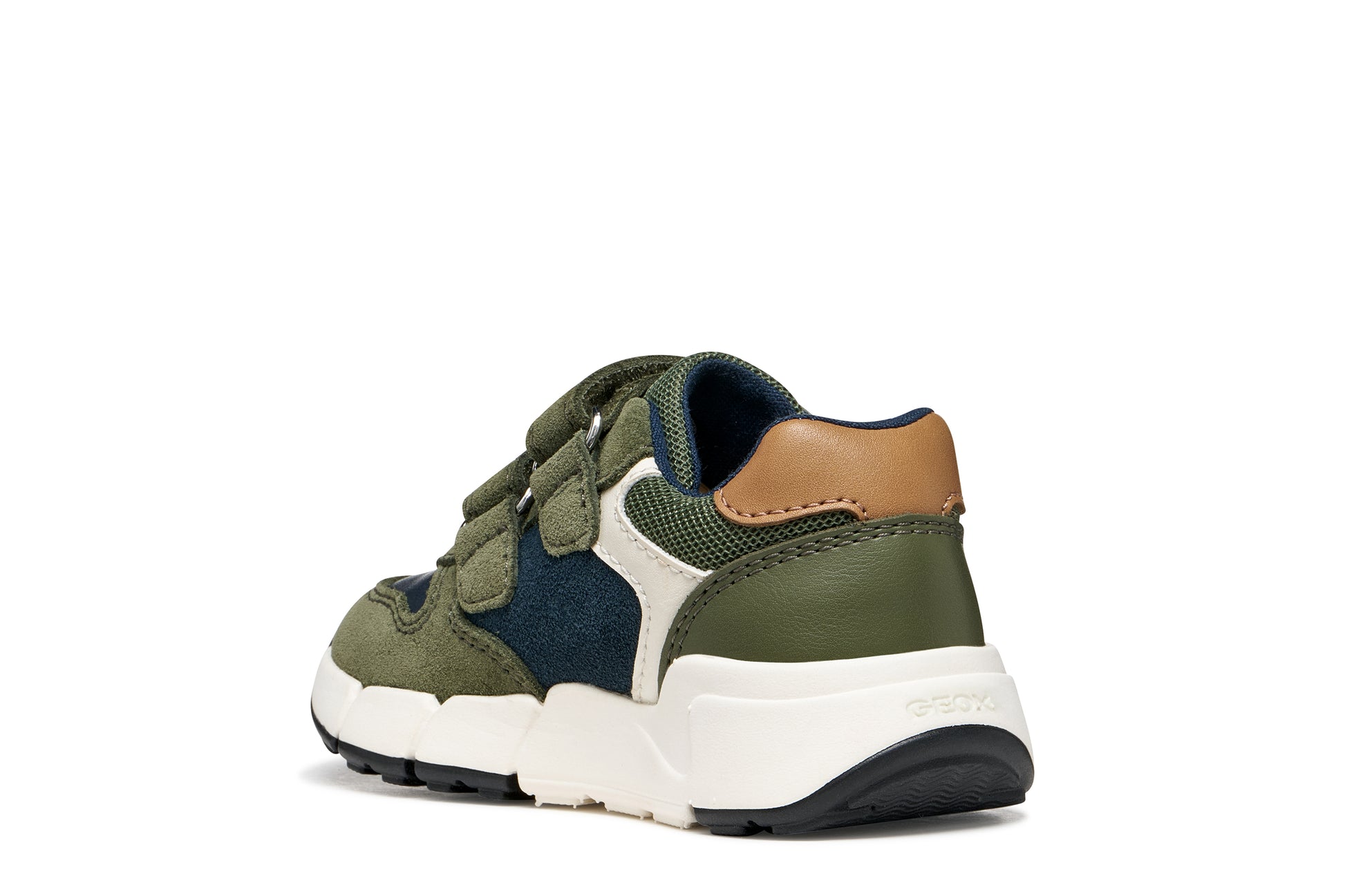 Green boys Geox trainer in the style Flexyper with blue and brown details with double Velcro strap and a white and blue sole. Angled inner back view