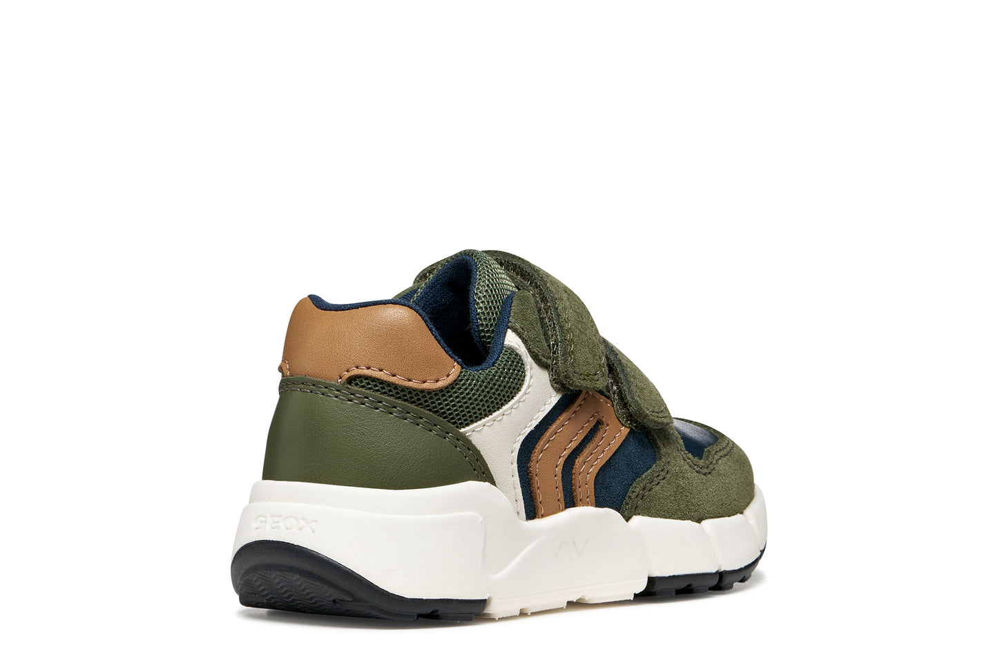 Green boys Geox trainer in the style Flexyper with blue and brown details with double Velcro strap and a white and blue sole. Angled back view.