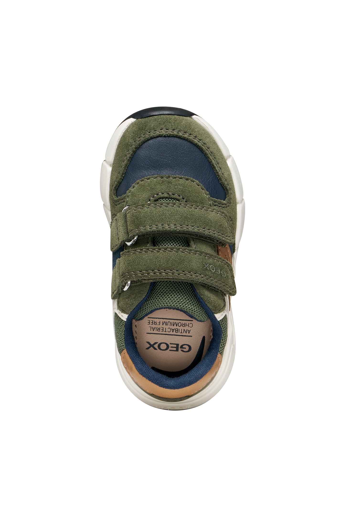 Green boys Geox trainer in the style Flexyper with blue and brown details with double Velcro strap and a white and blue sole. Top view.