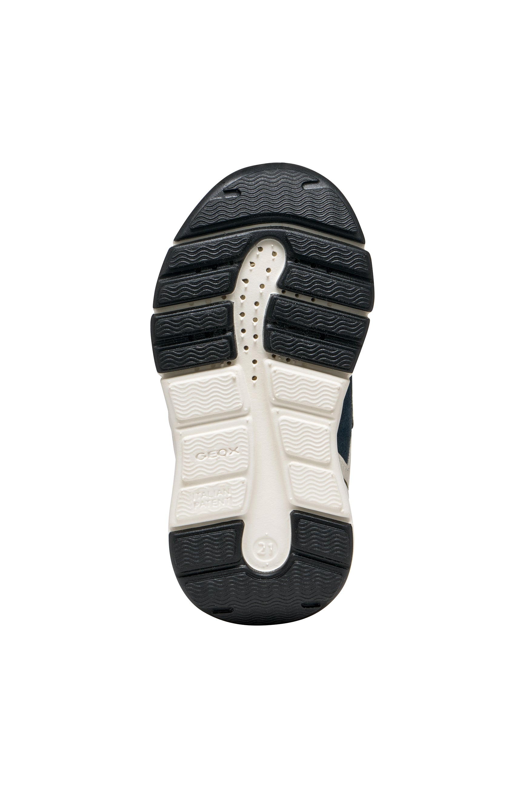 Green boys Geox trainer in the style Flexyper with blue and brown details with double Velcro strap and a white and blue sole. Sole view.