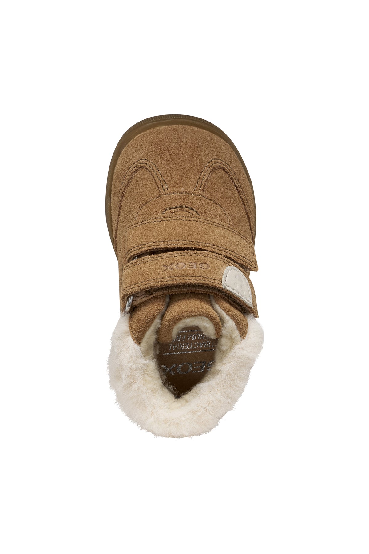 Geox suede ankle boot in brown, with two Velcro straps, bear detailing, fur lining and a tan rubber sole. Top view.