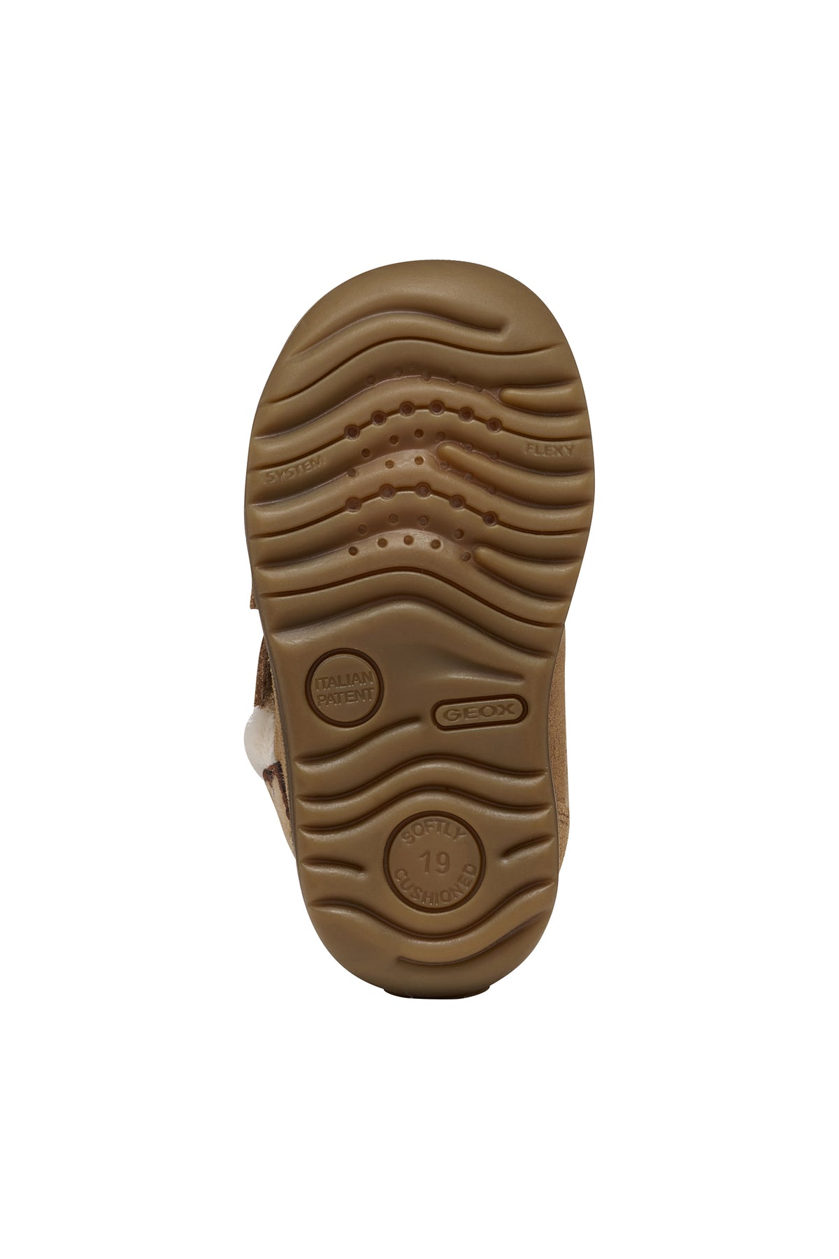 Geox suede ankle boot in brown, with two Velcro straps, bear detailing, fur lining and a tan rubber sole. View of sole. 