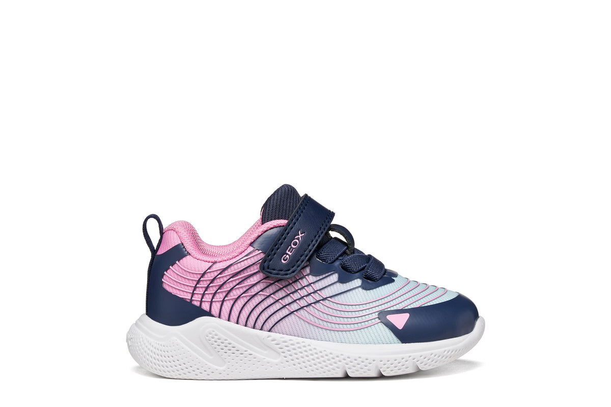 Geox girls trainer in the style Sprintye in purple and pink, with a Velcro strap and white sole. Right side view. 