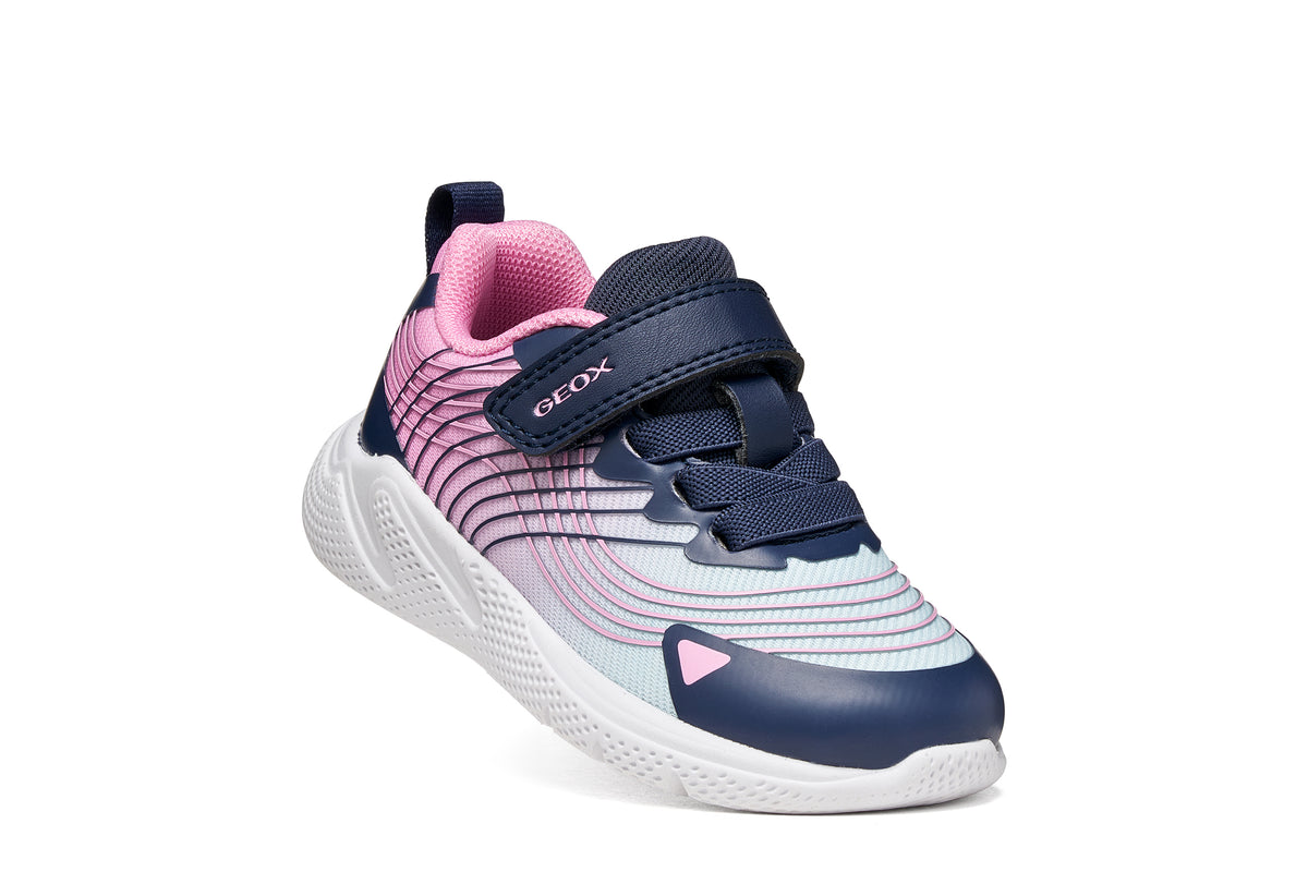 Geox girls trainer in the style Sprintye in purple and pink, with a Velcro strap and white sole. Front view