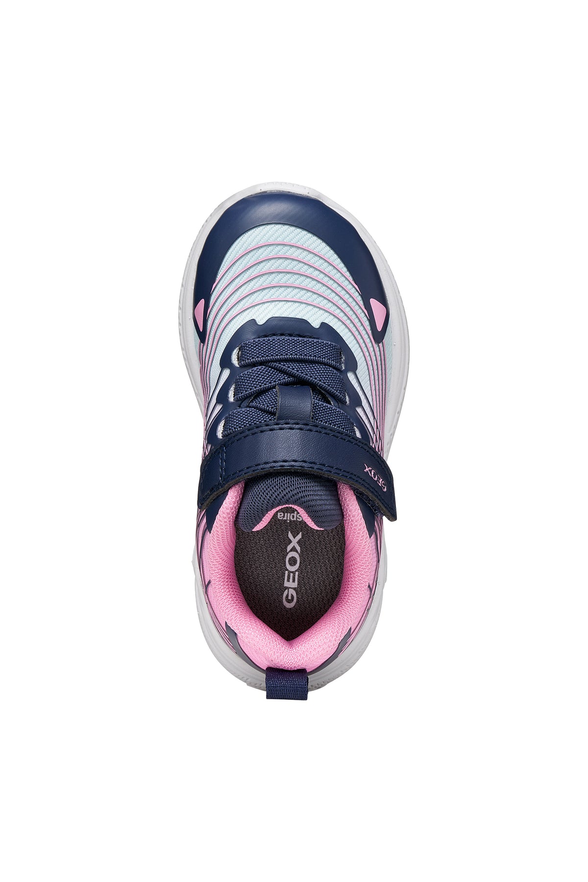 Geox girls trainer in the style Sprintye in purple and pink, with a Velcro strap and white sole. Top view.