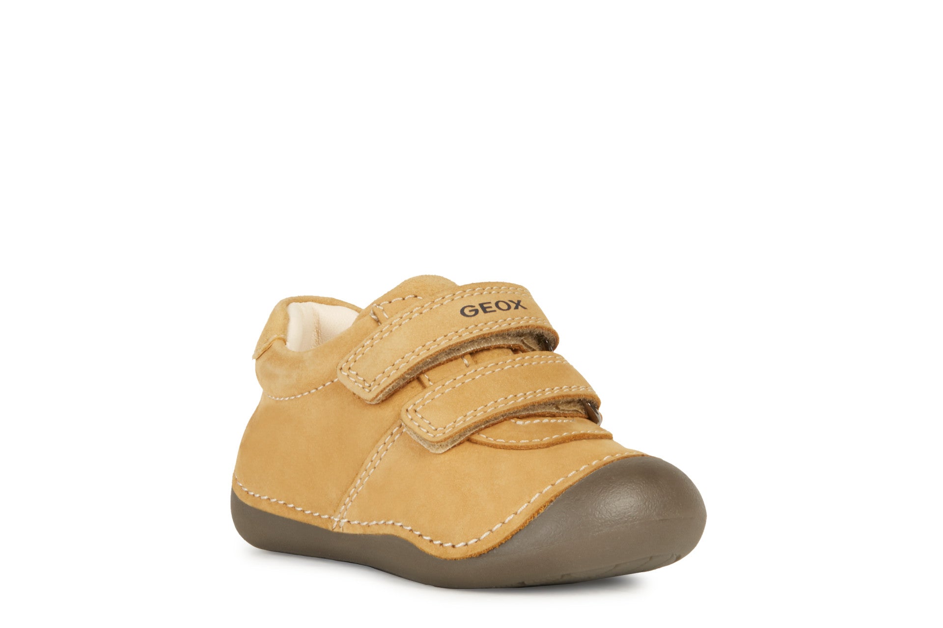 Boys pre walkers by Geox, style B Tutim, in light tan nubuck leather with double velcro fastening. Angled view right side.