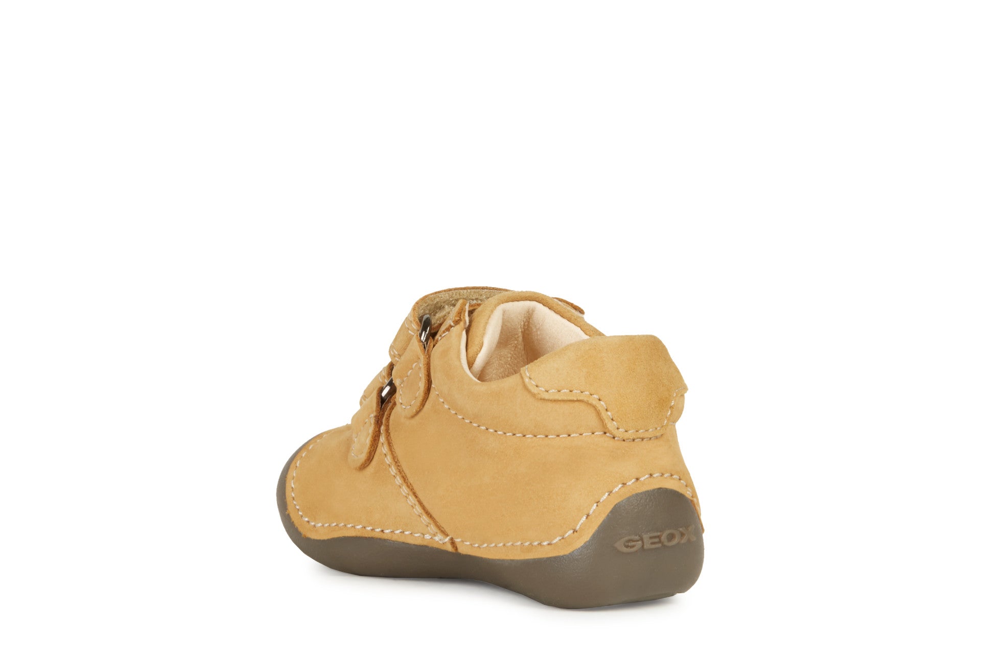 Boys pre walkers by Geox, style B Tutim, in light tan nubuck leather with double velcro fastening. Angled view of left side.