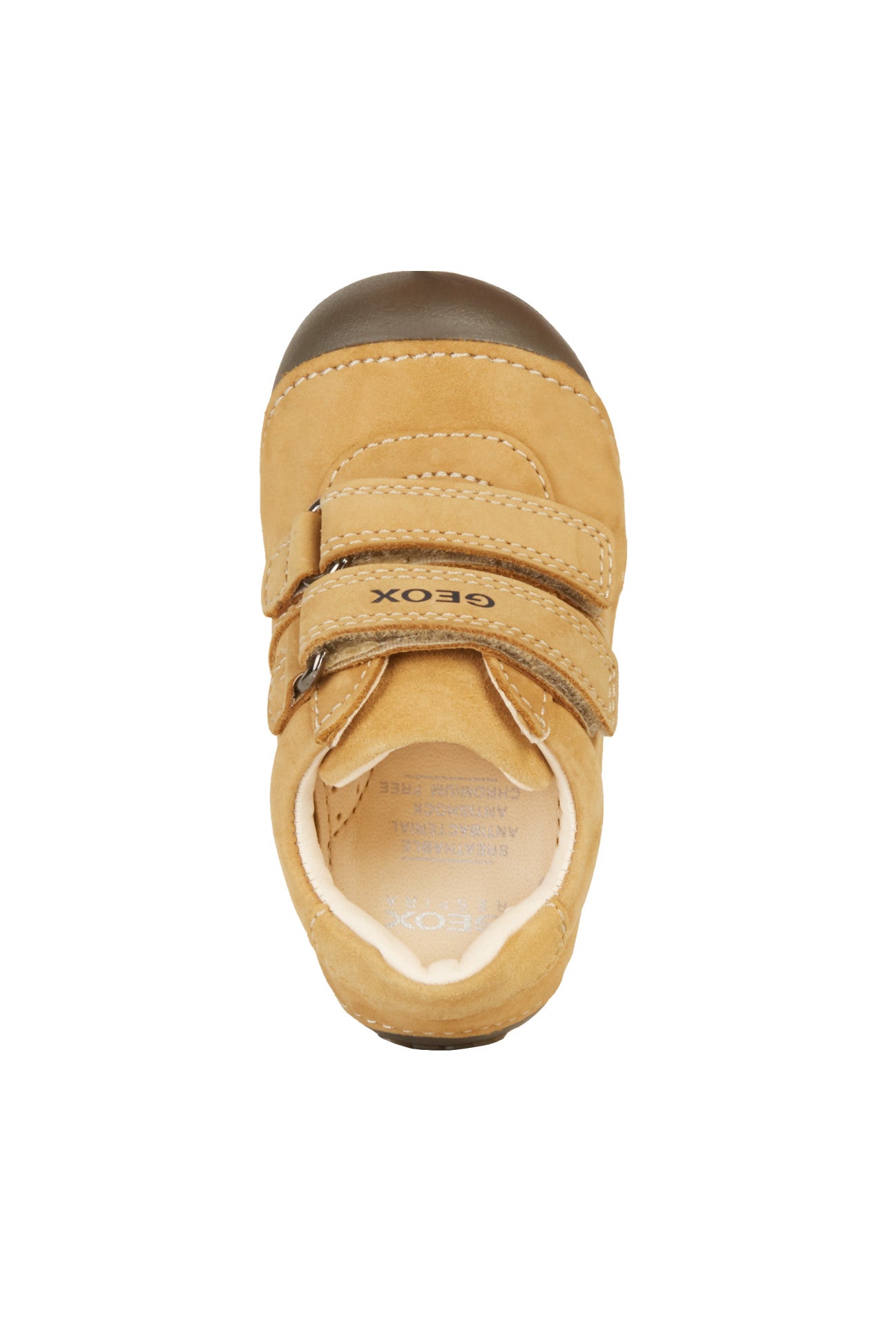 Boys pre walkers by Geox, style B Tutim, in light tan nubuck leather with double velcro fastening. View from above.