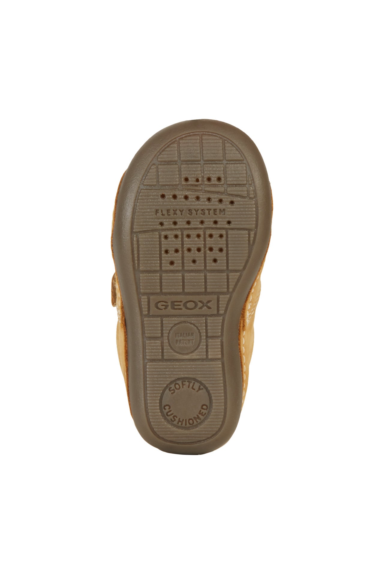 Boys pre walkers by Geox, style B Tutim, in light tan nubuck leather with double velcro fastening. Sole view.
