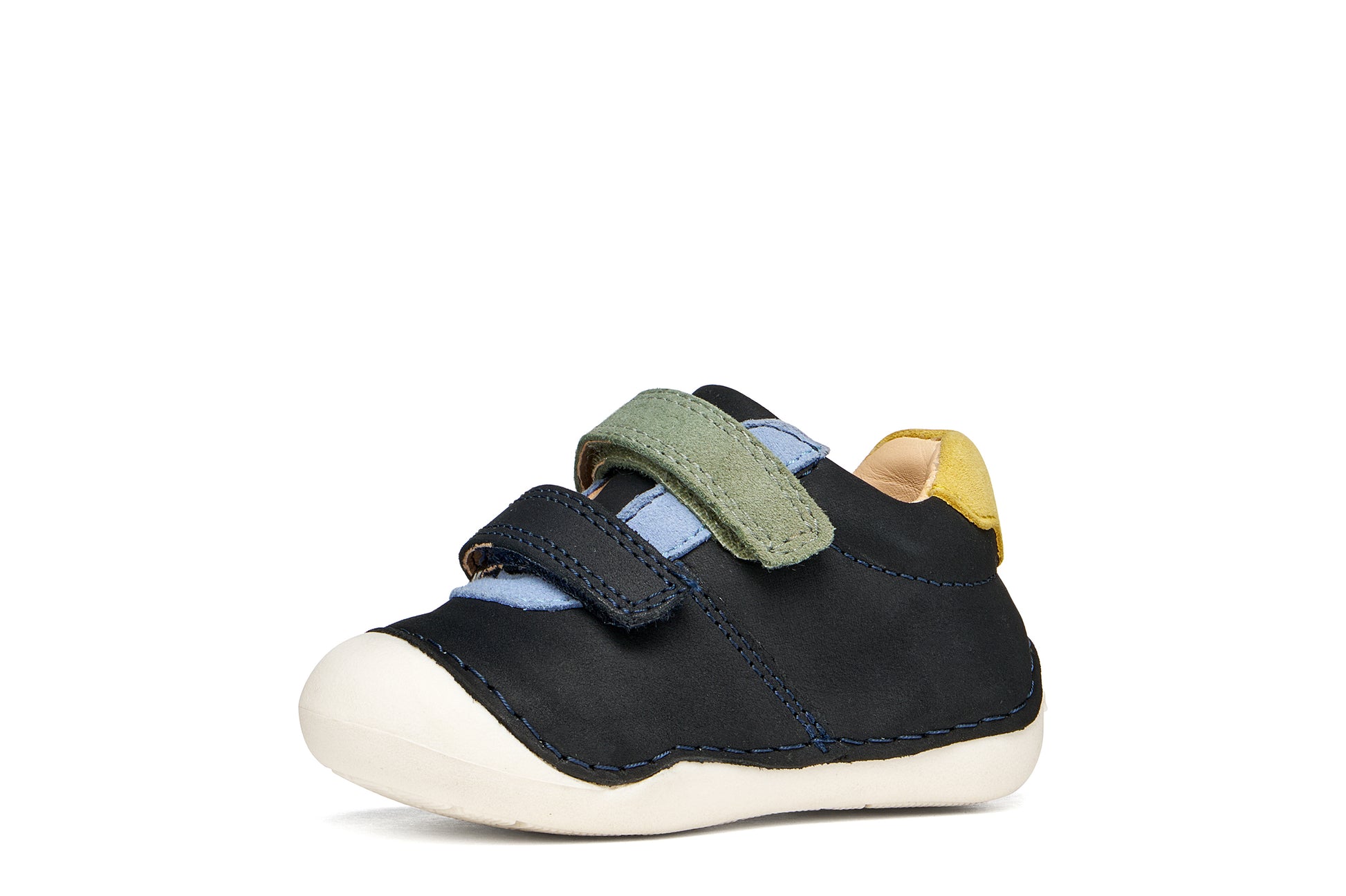 A boys pre-walker shoe by Geox, style Tutim in navy/dark sky with two velcro straps, toe and heel bumpers and yellow, green and blue details. left side view