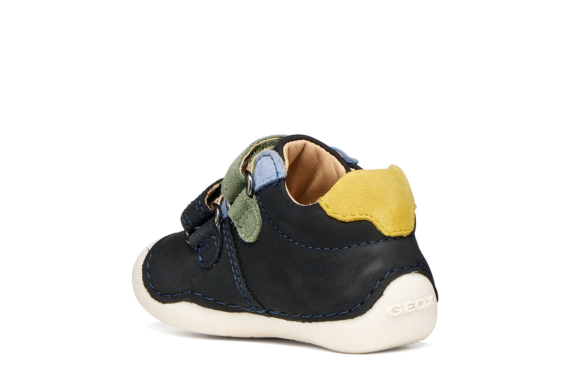 A boys pre-walker shoe by Geox, style Tutim in navy/dark sky with two velcro straps, toe and heel bumpers and yellow, green and blue details. Inner back view