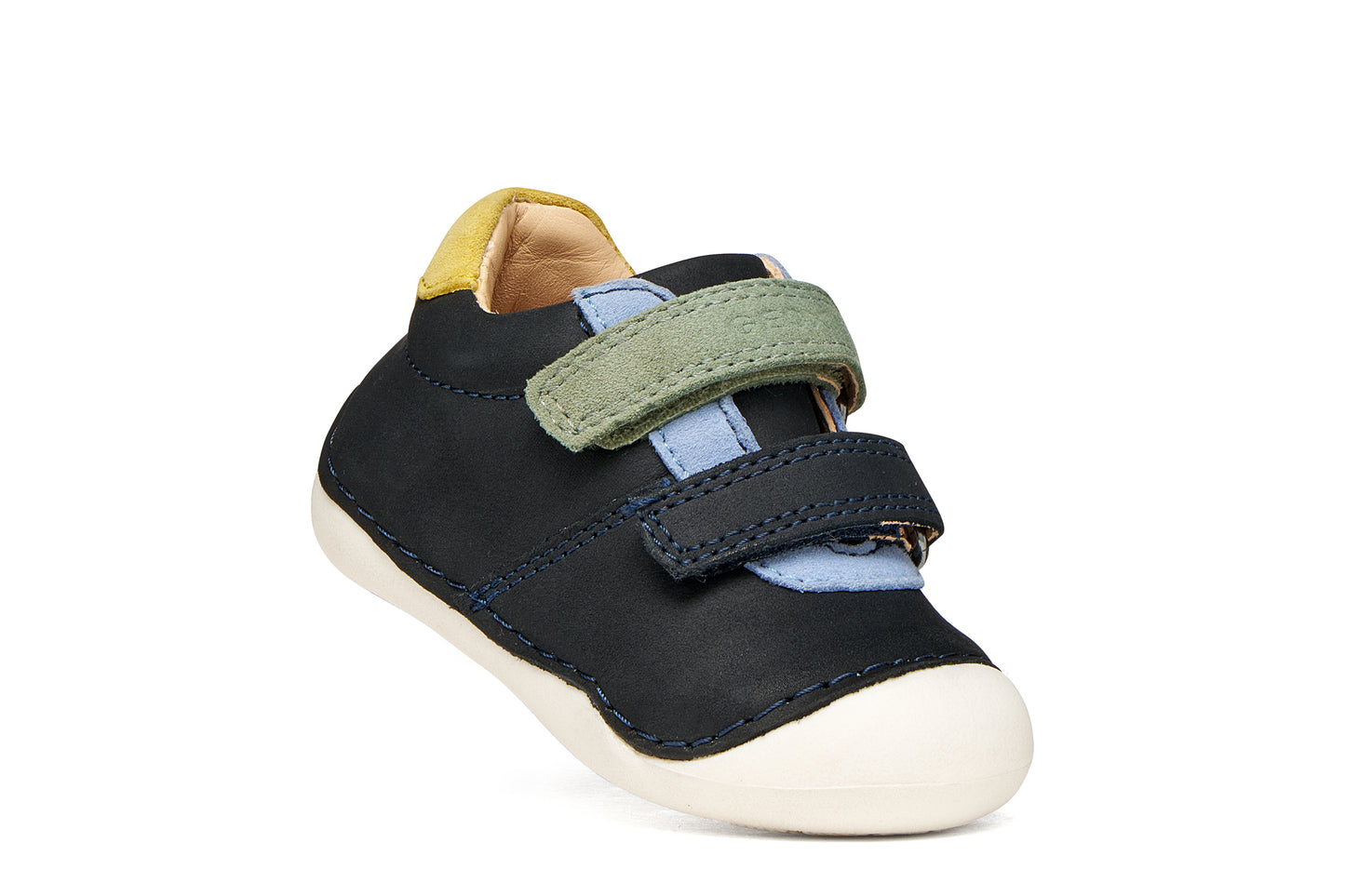 A boys pre-walker shoe by Geox, style Tutim in navy/dark sky with two velcro straps, toe and heel bumpers and yellow, green and blue details. Tilted right side view