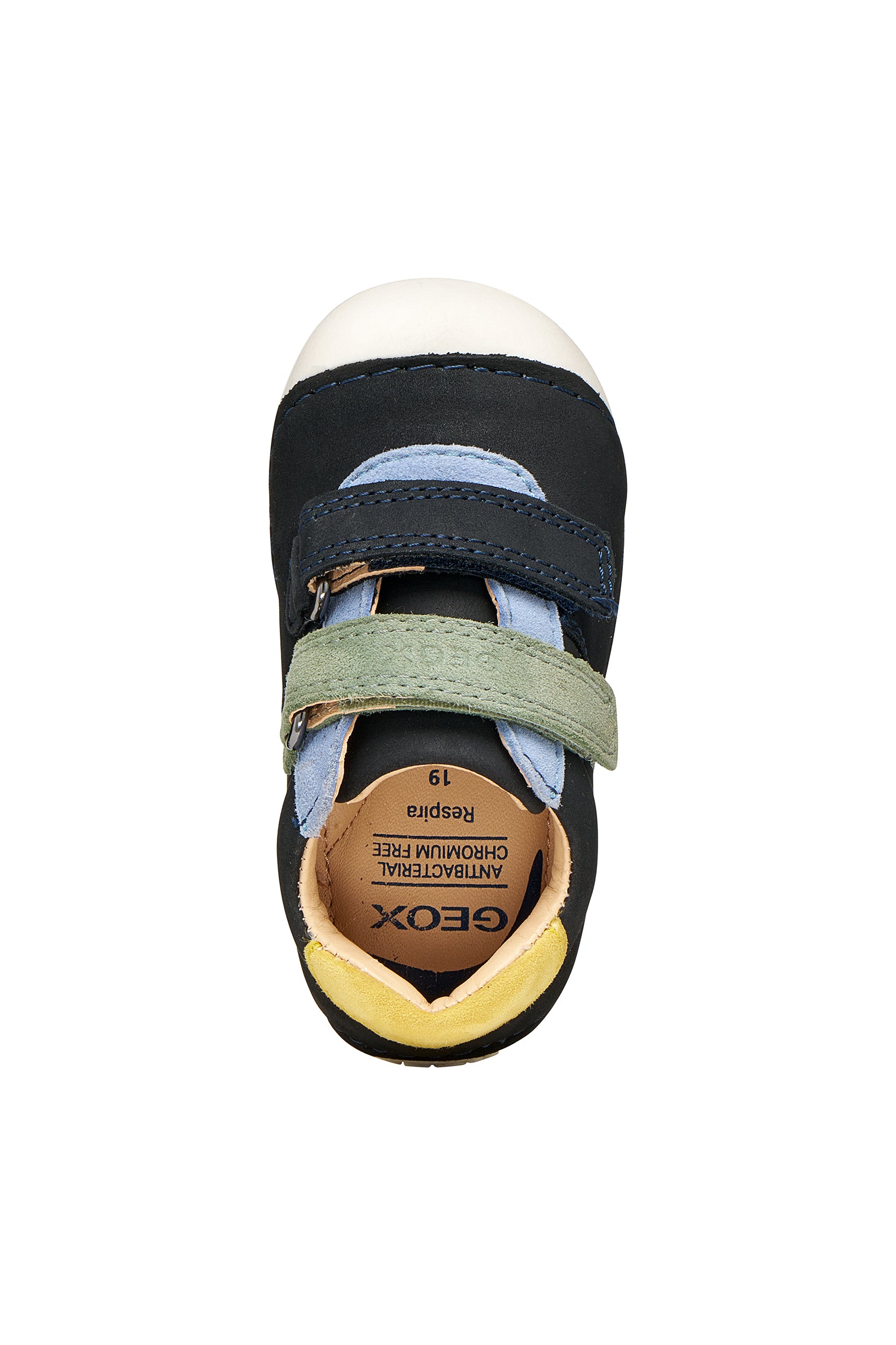 A boys pre-walker shoe by Geox, style Tutim in navy/dark sky with two velcro straps, toe and heel bumpers and yellow, green and blue details. Top view