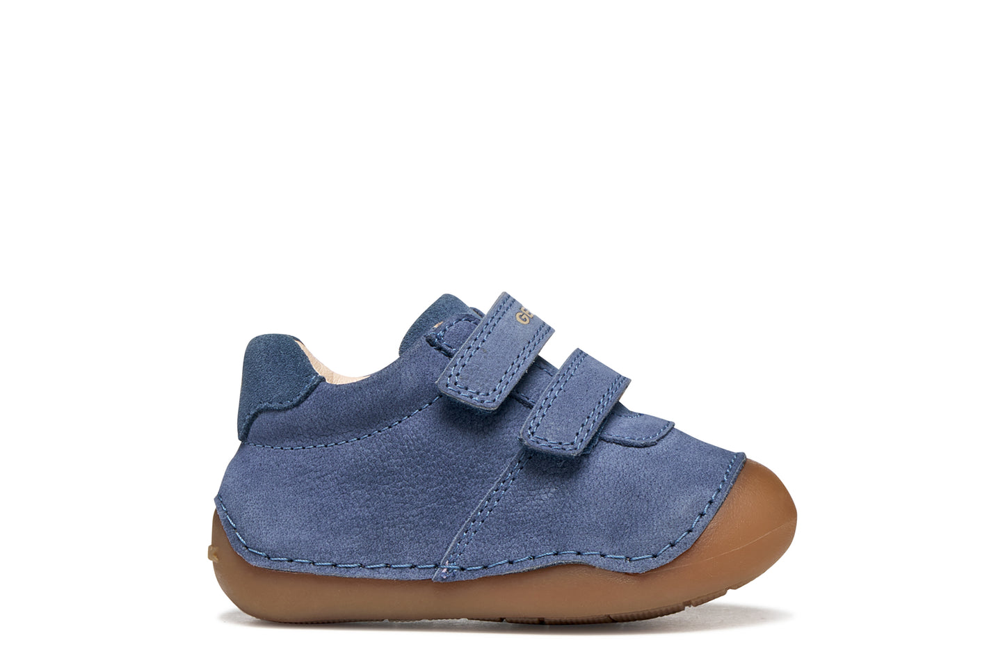 Geox pre-walker shoe in the style Tumtim, in the colour denim blue with a double Velcro strap fastening and gum sole. Right side view.