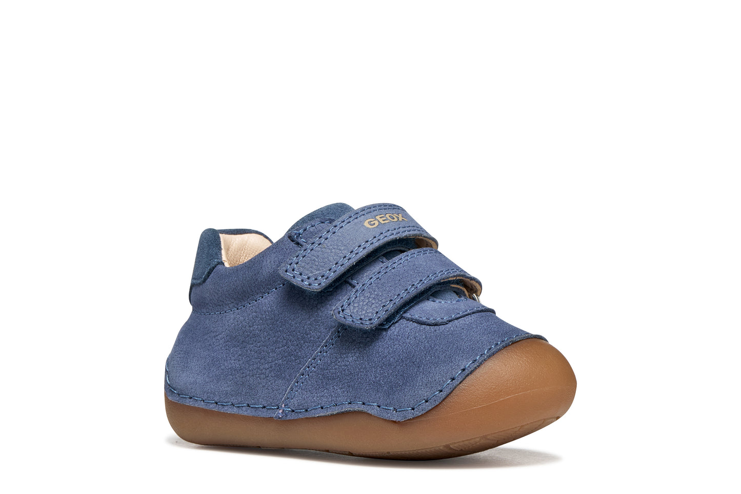 Geox pre-walker shoe in the style Tumtim, in the colour denim blue with a double Velcro strap fastening and gum sole. Right side view. 