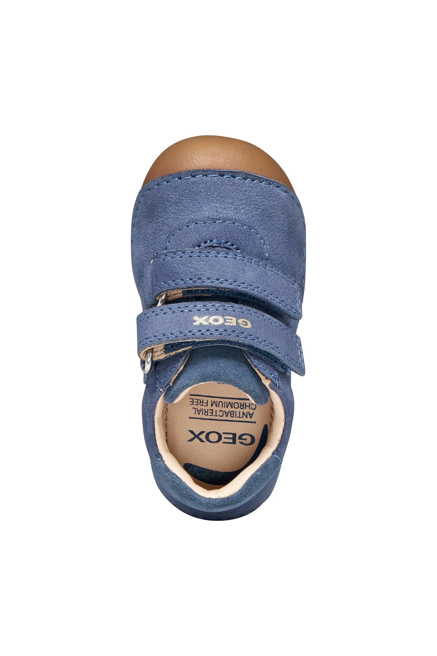 Geox pre-walker shoe in the style Tumtim, in the colour denim blue with a double Velcro strap fastening and gum sole. Top view. 