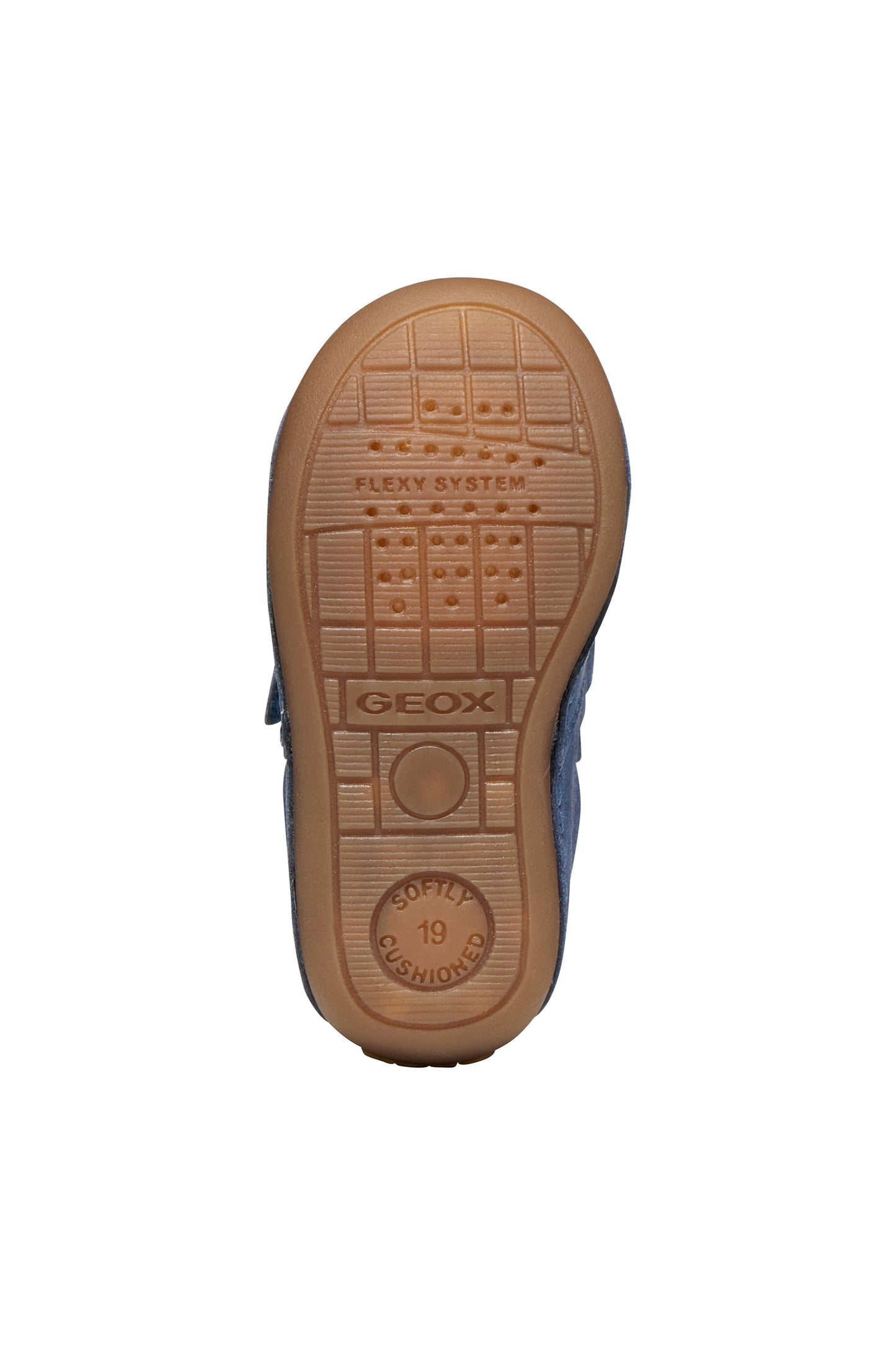 Geox pre-walker shoe in the style Tumtim, in the colour denim blue with a double Velcro strap fastening and gum sole. View of sole. 