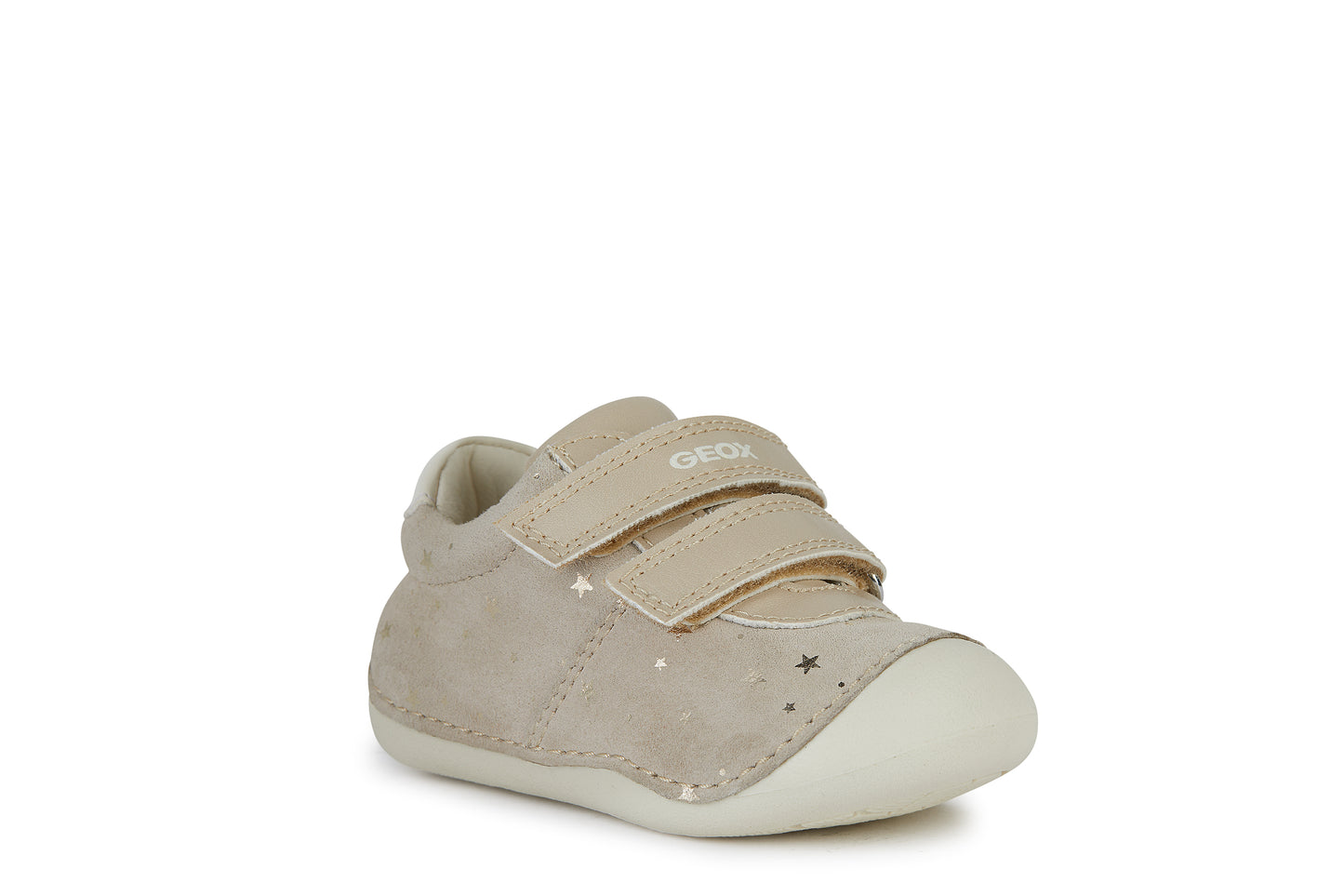 A girls pre walker by Geox, style B Tutim Girl, with toe bumper ,in beige suede with star detail and double velcro fastening. Angled view.
