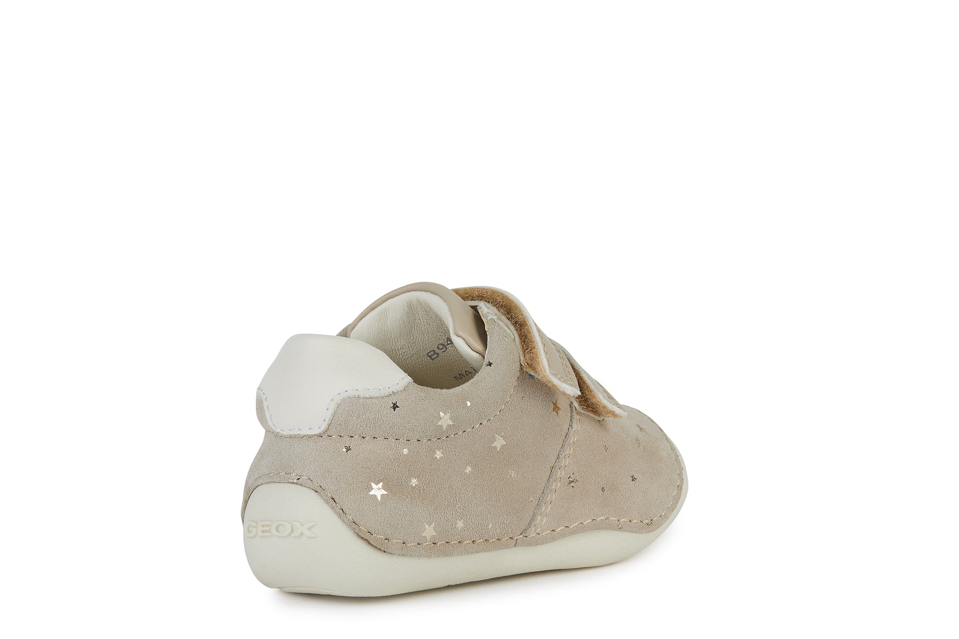 A girls pre walker by Geox, style B Tutim Girl, with toe bumper ,in beige suede with star detail and double velcro fastening. Angled view of right side.