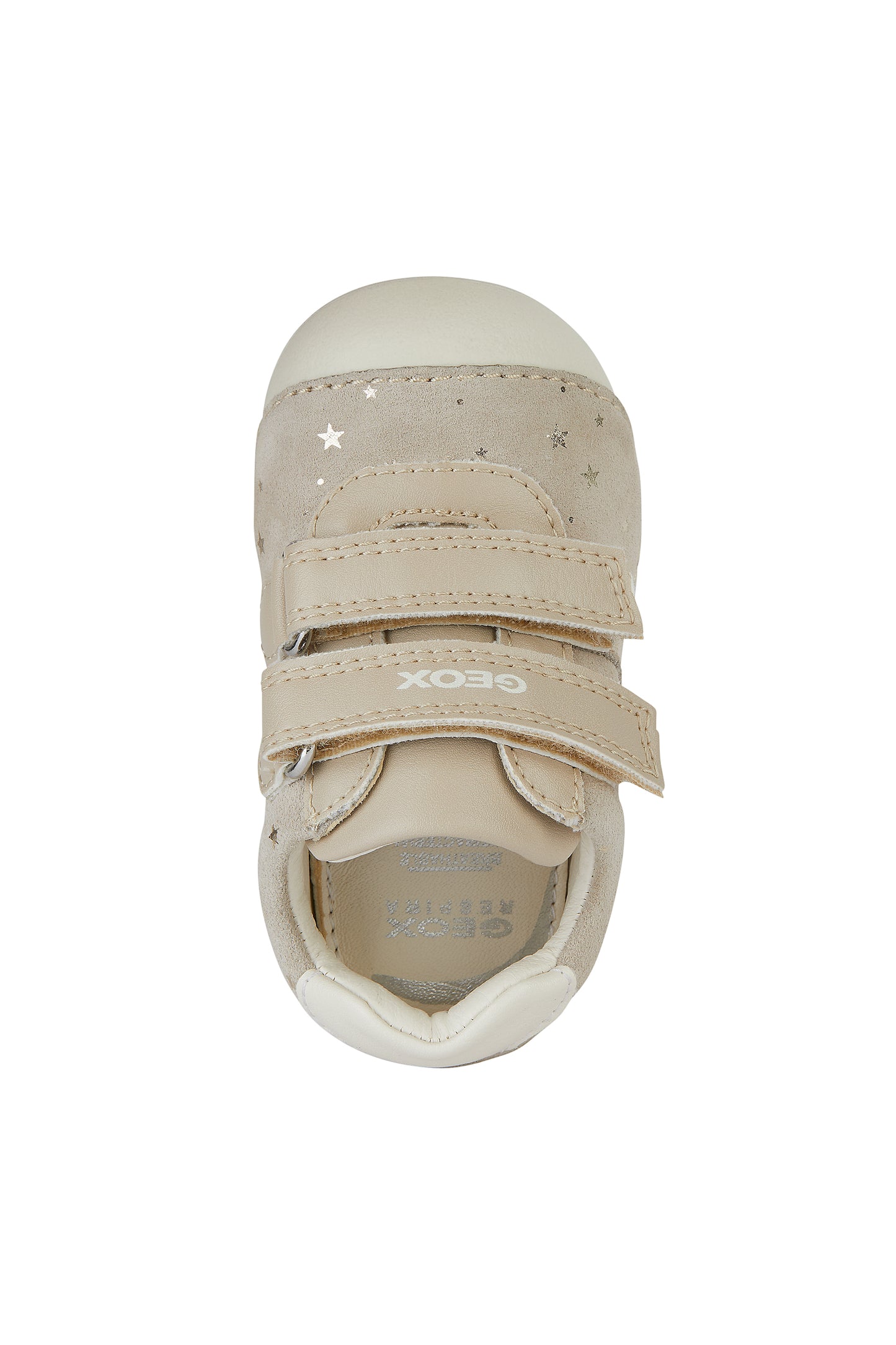 A girls pre walker by Geox, style B Tutim Girl, with toe bumper ,in beige suede with star detail and double velcro fastening. View from above.