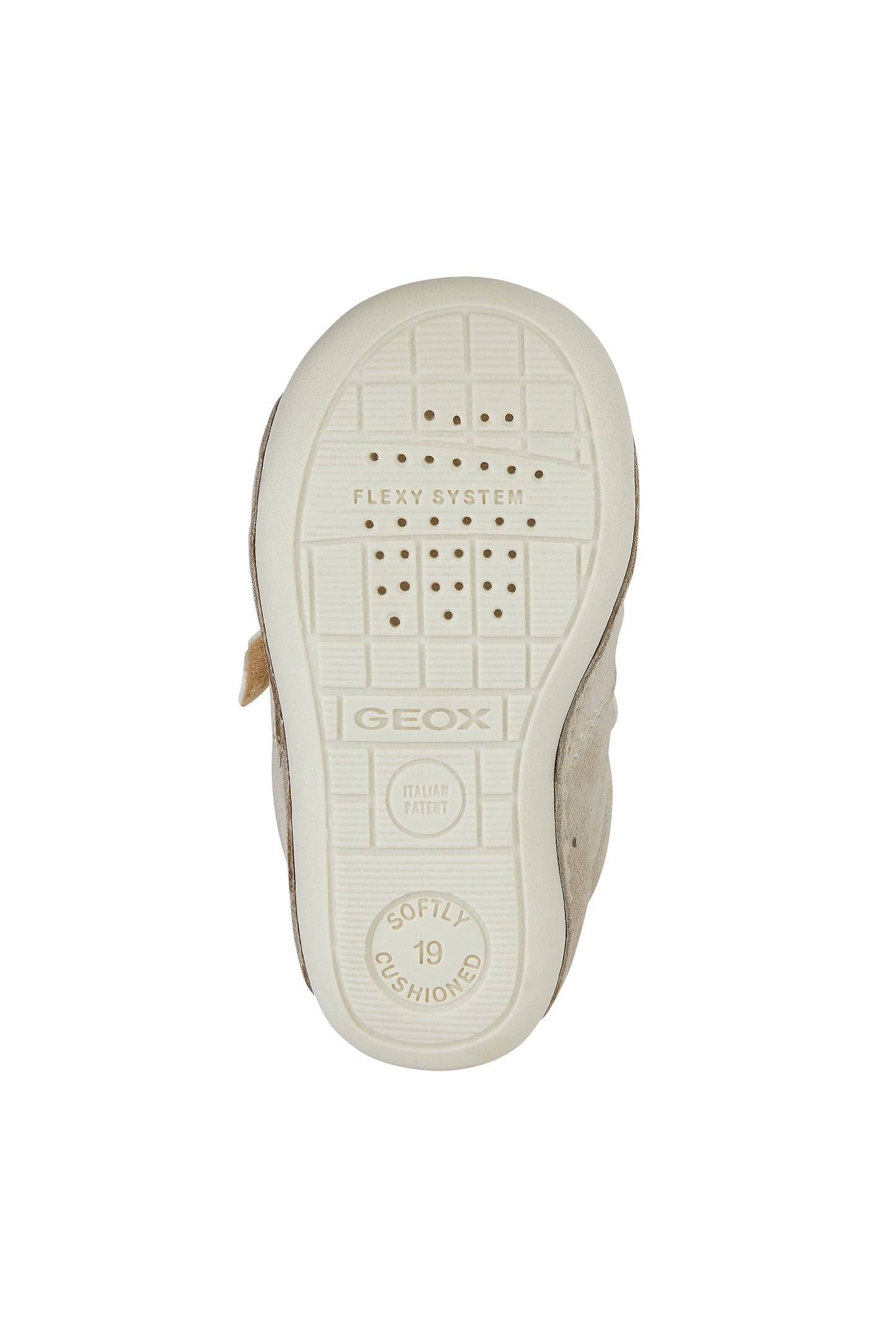 A girls pre walker by Geox, style B Tutim Girl, with toe bumper ,in beige suede with star detail and double velcro fastening. View of sole.