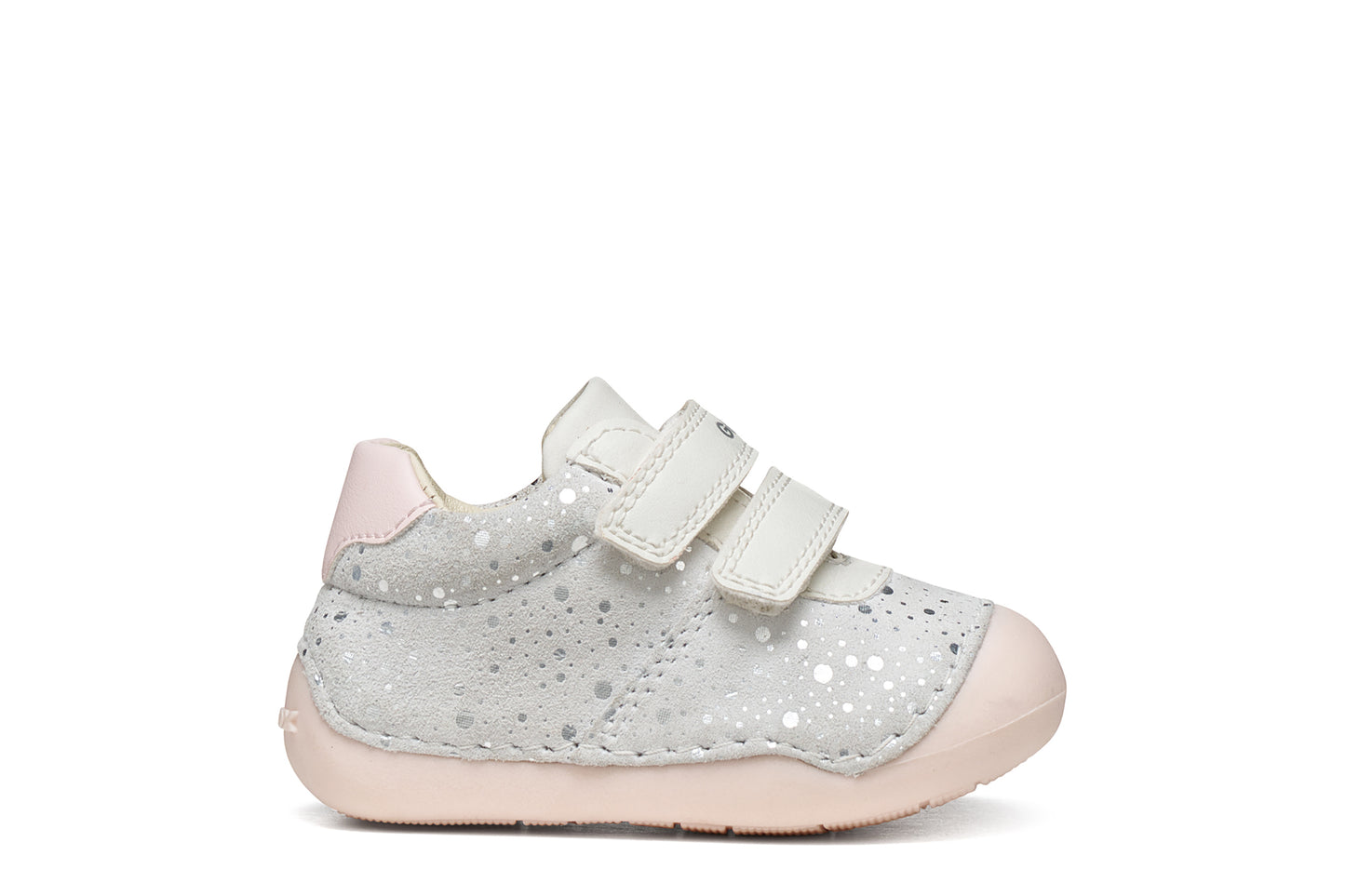 A girls pre-walker shoe by Geox, style Tutim in white/pink with silver speckled design, two velcro straps and toe and heel bumpers. Right side view