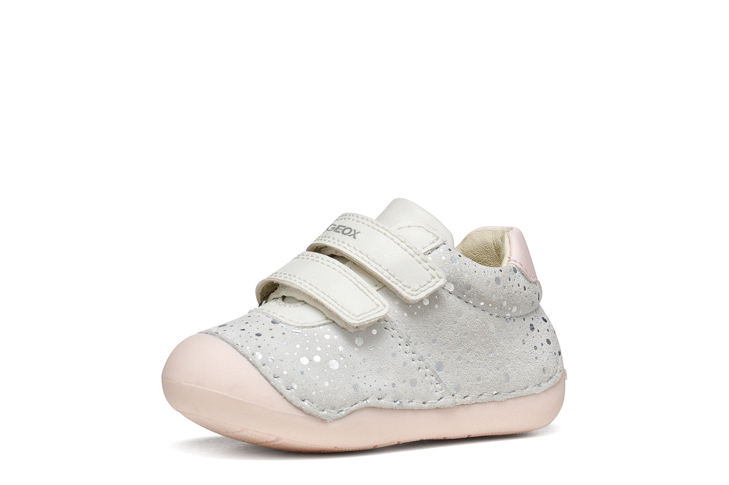A girls pre-walker shoe by Geox, style Tutim in white/pink with silver speckled design, two velcro straps and toe and heel bumpers. Right side view