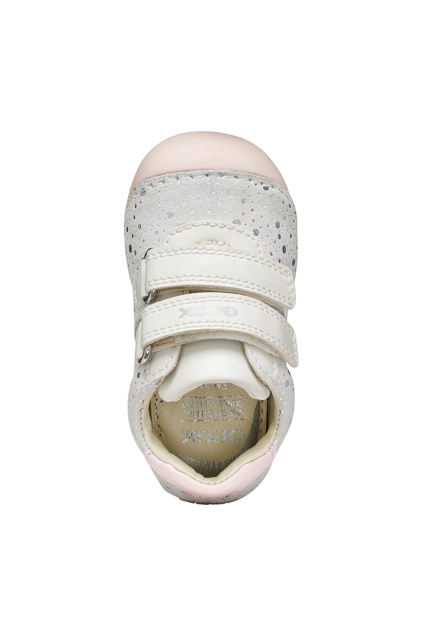 A girls pre-walker shoe by Geox, style Tutim in white/pink with silver speckled design, two velcro straps and toe and heel bumpers. Top view