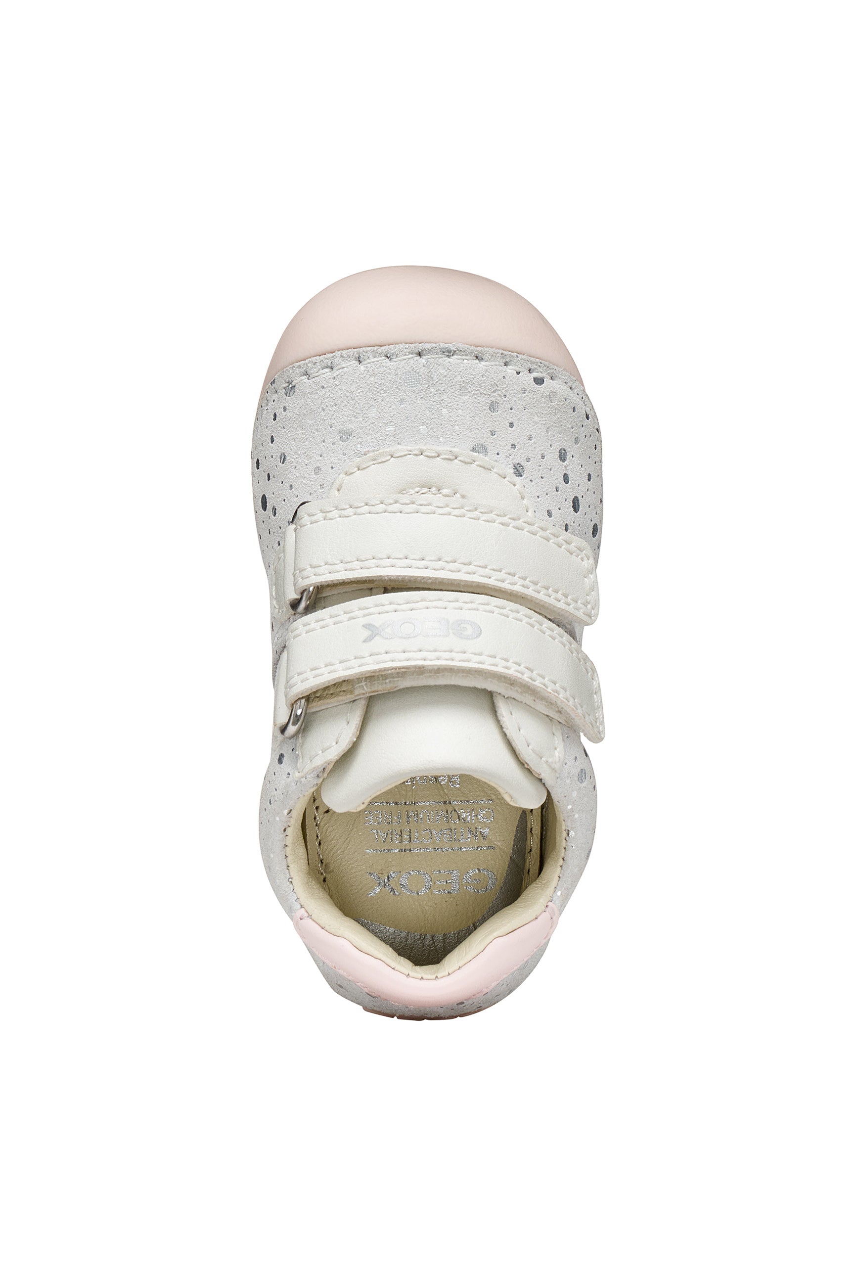 A girls pre-walker shoe by Geox, style Tutim in white/pink with silver speckled design, two velcro straps and toe and heel bumpers. Top view