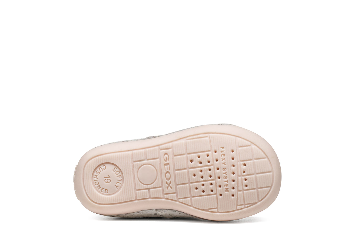 A girls pre-walker shoe by Geox, style Tutim in white/pink with silver speckled design, two velcro straps and toe and heel bumpers. View of sole with breathable holes