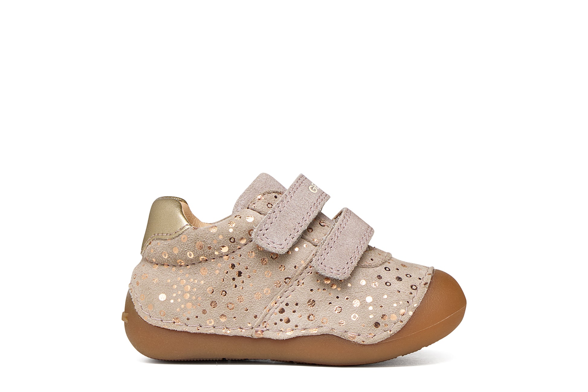 Geox girl's pre-walker in the style Tumtim in light pink with two Velcro straps, rose gold details and a gum sole. Right side view.